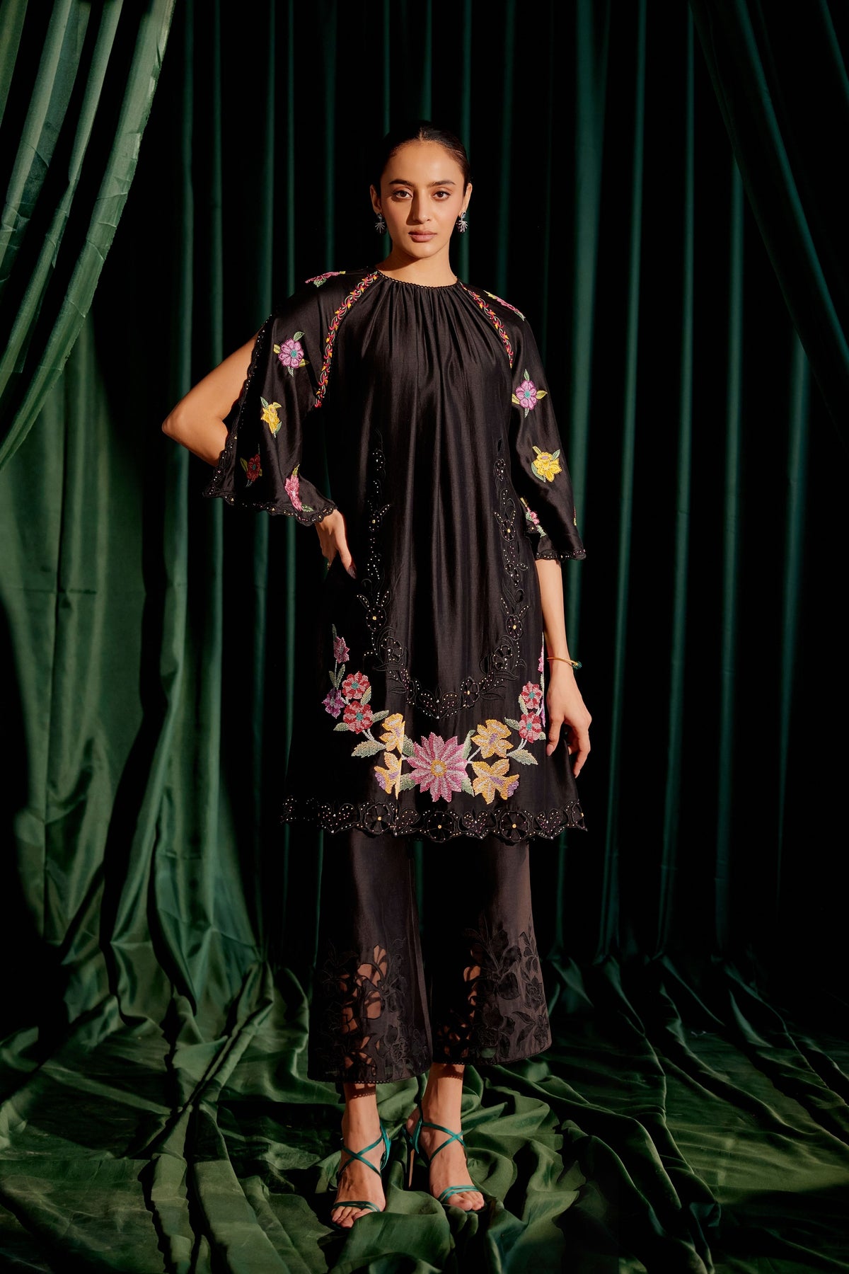 Black Floral Beadwork Gathered Kurta Set