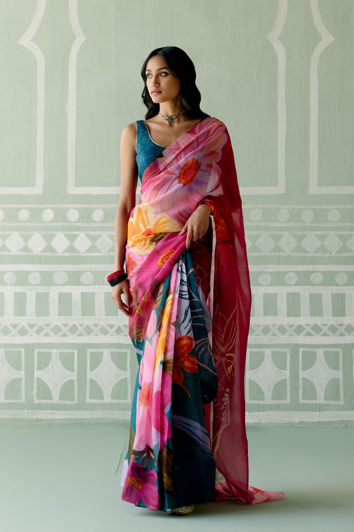 Teal &amp; Fuschia Floral Saree