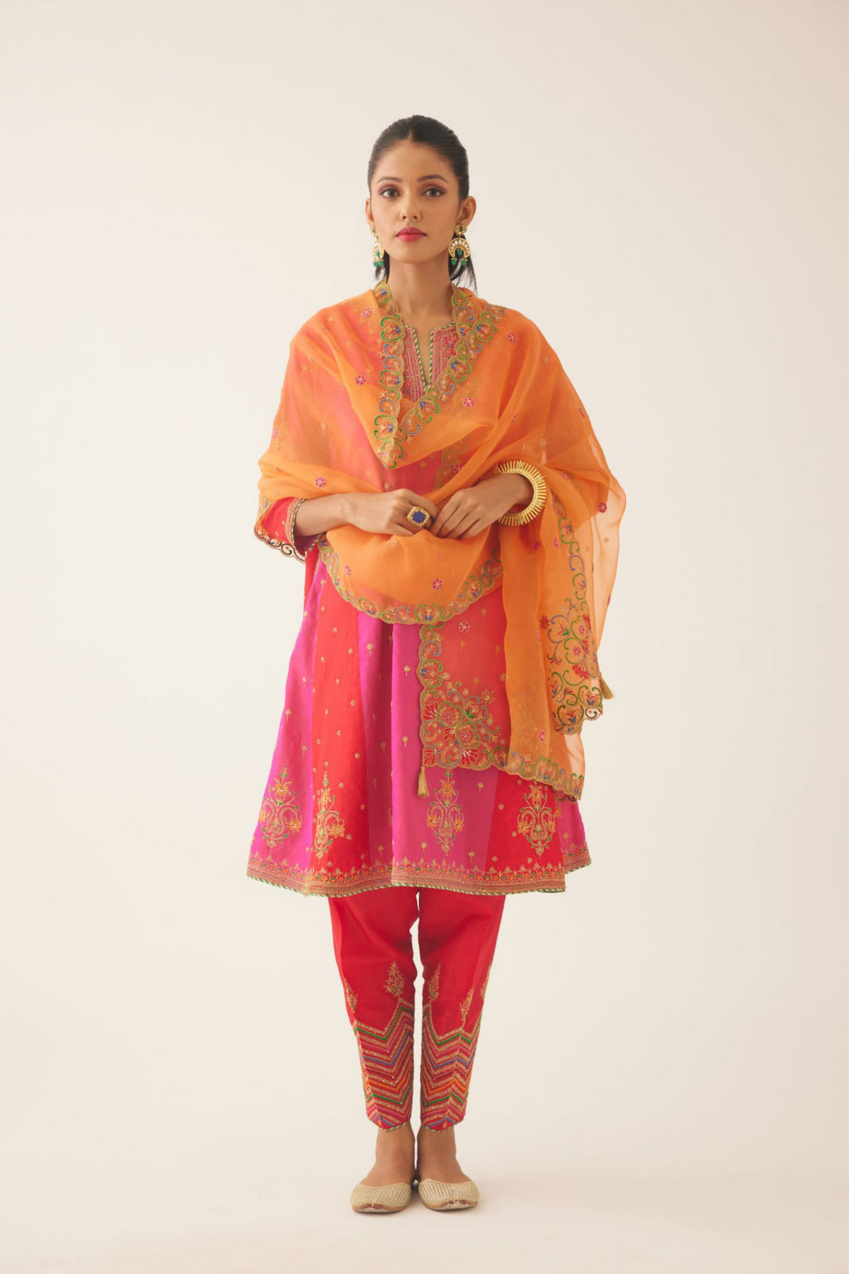 Red &amp; Fuchsia Silk Kalidar Kurta Set