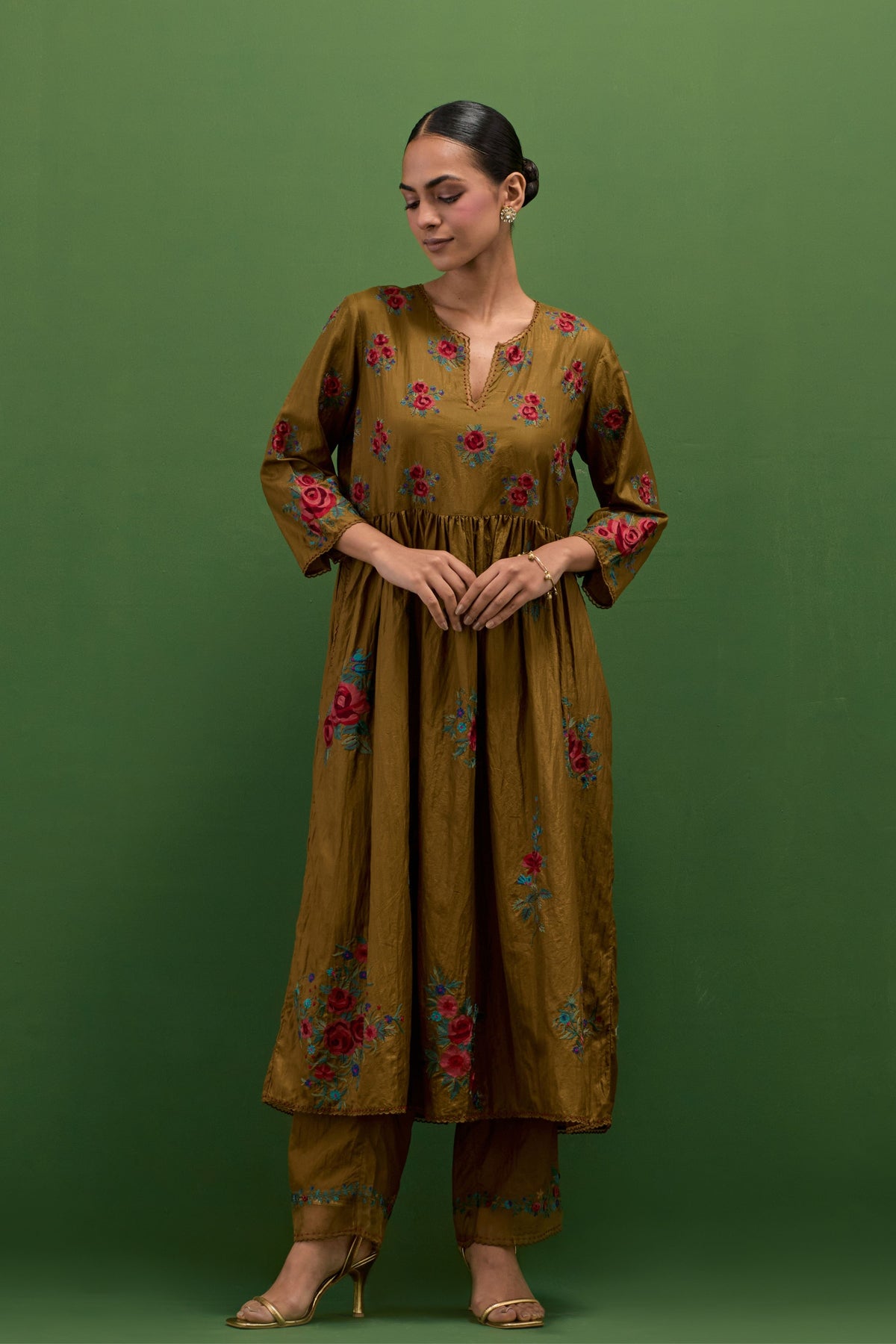 Golden Olive Floral Kurta Set