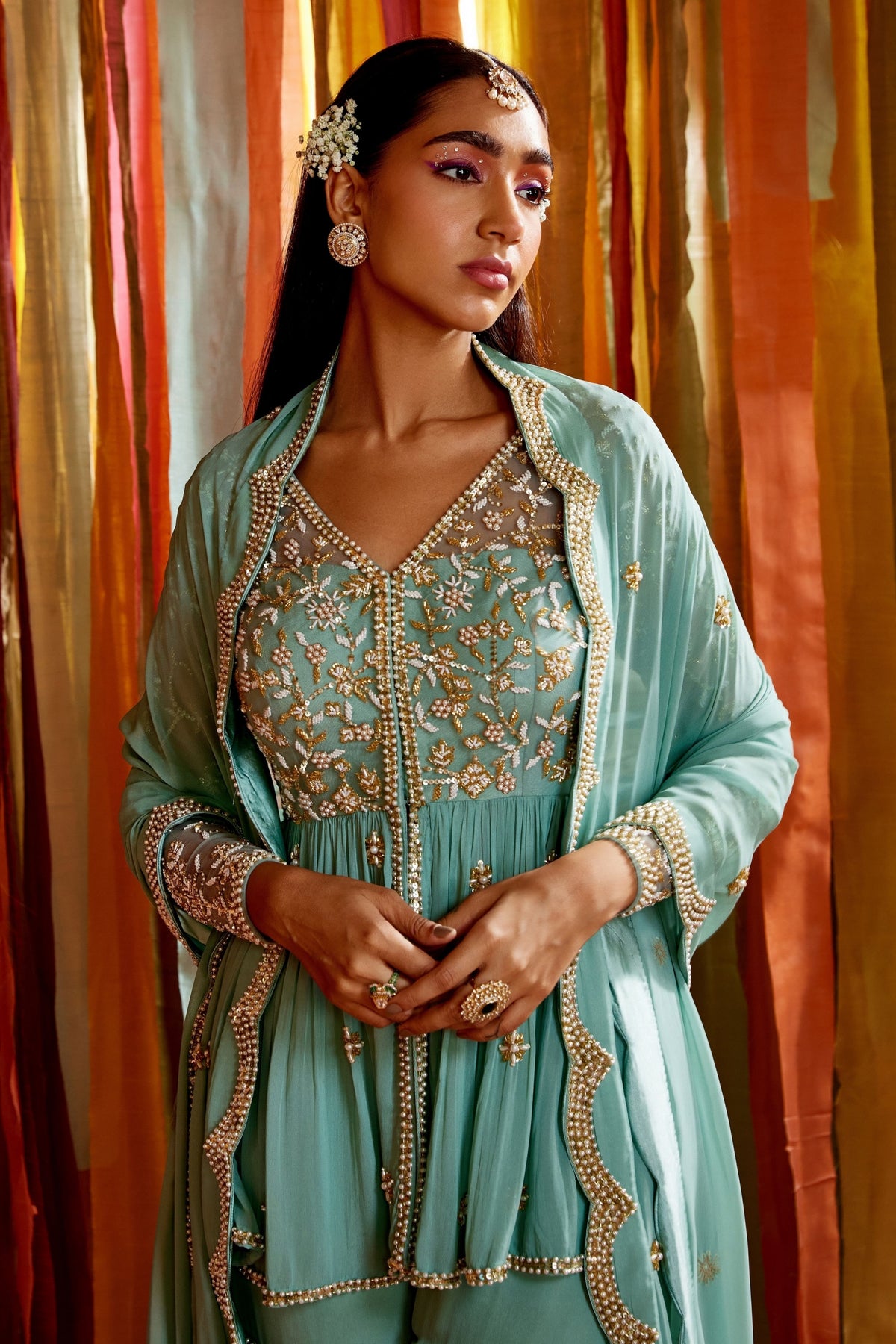 Mint Hand Embroidered Sharara Set