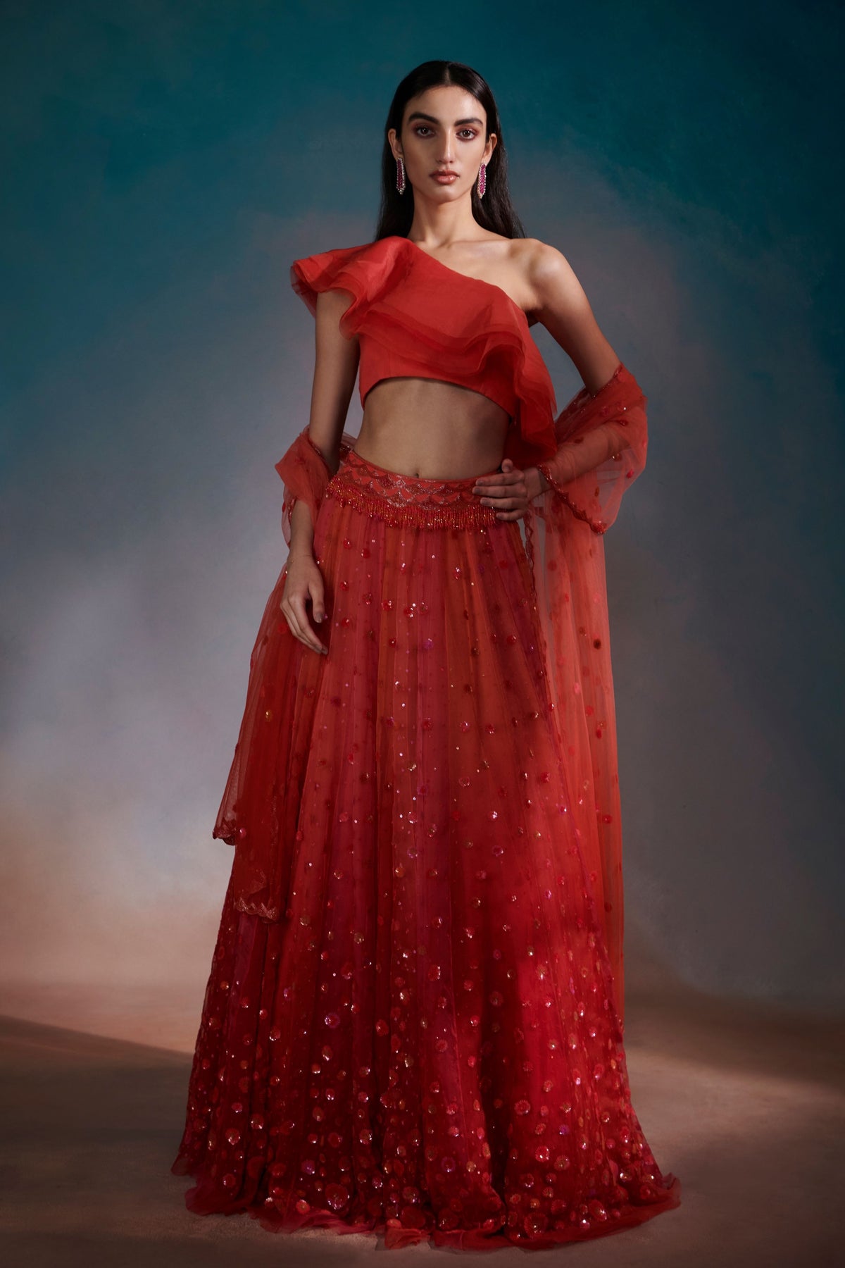 Red Ruffle Lehnga Set