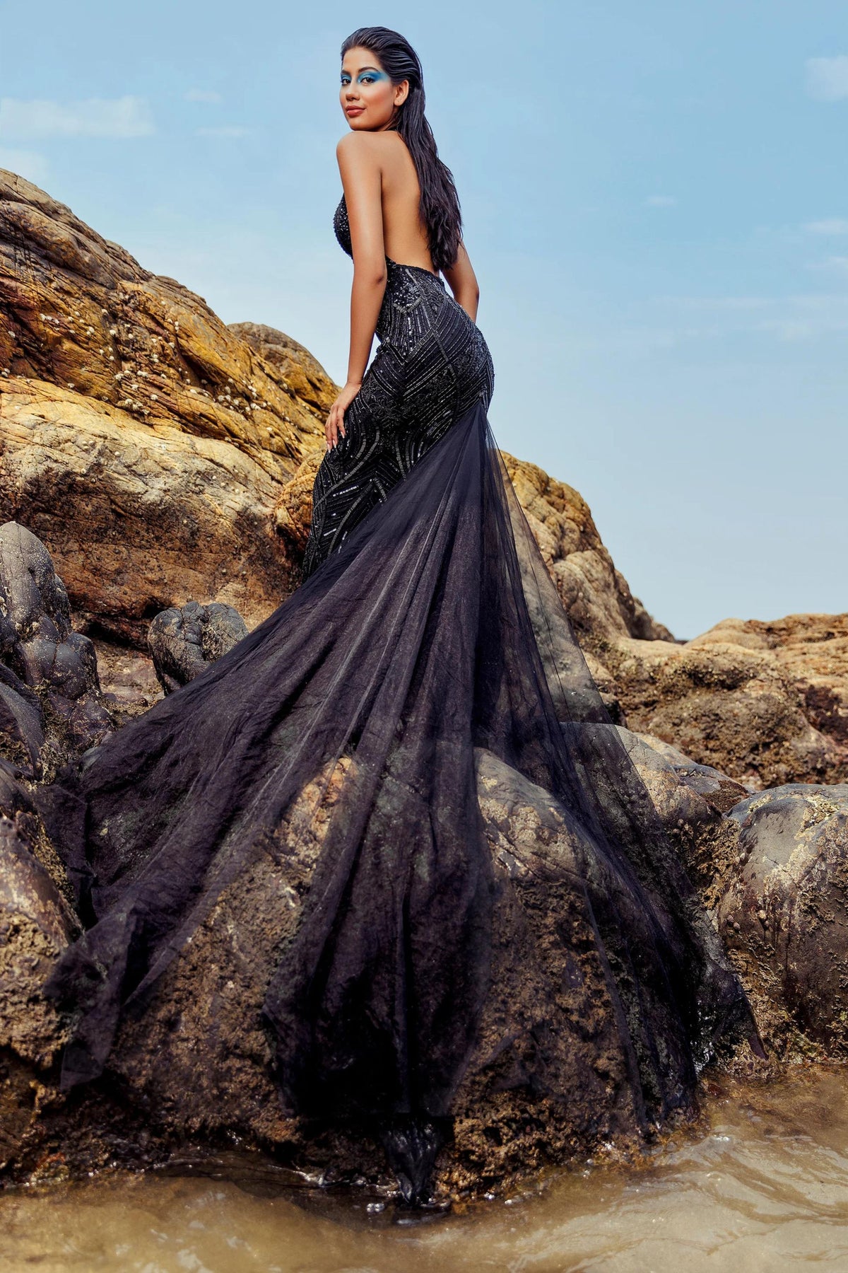 Black Halter Neck Gown with Tulle Trail