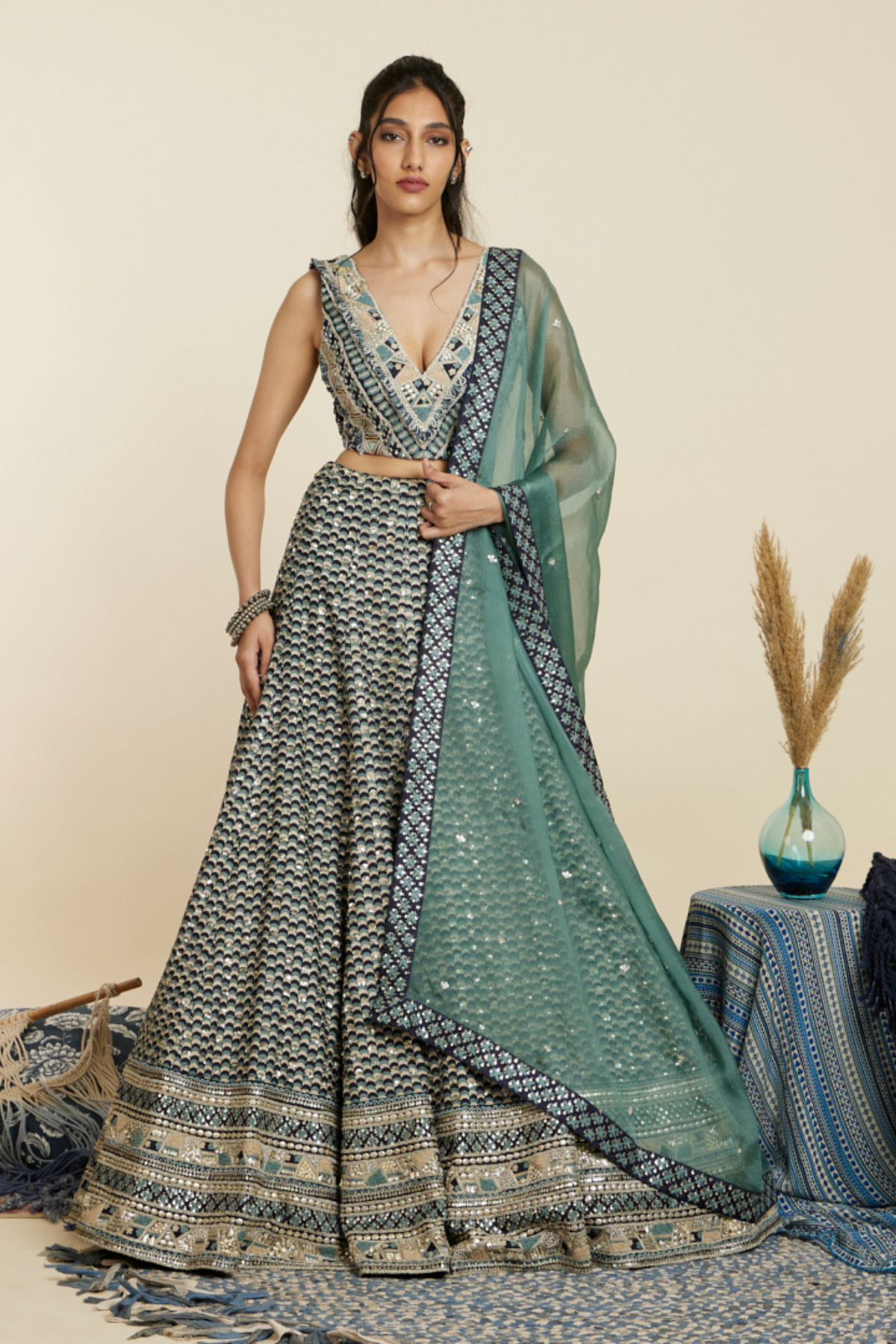 Blue Embellished Bridal Lehenga Set