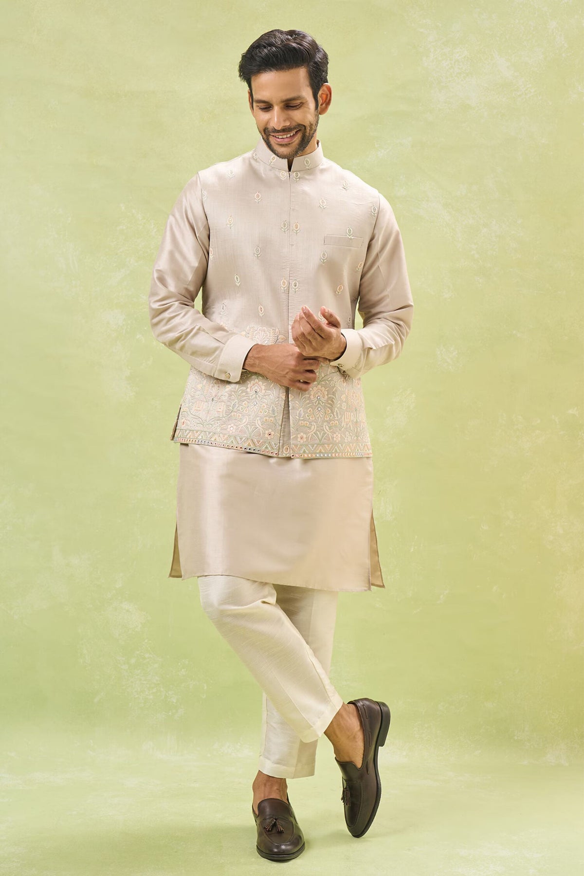 Beige Embroidered Nehru Jacket Set