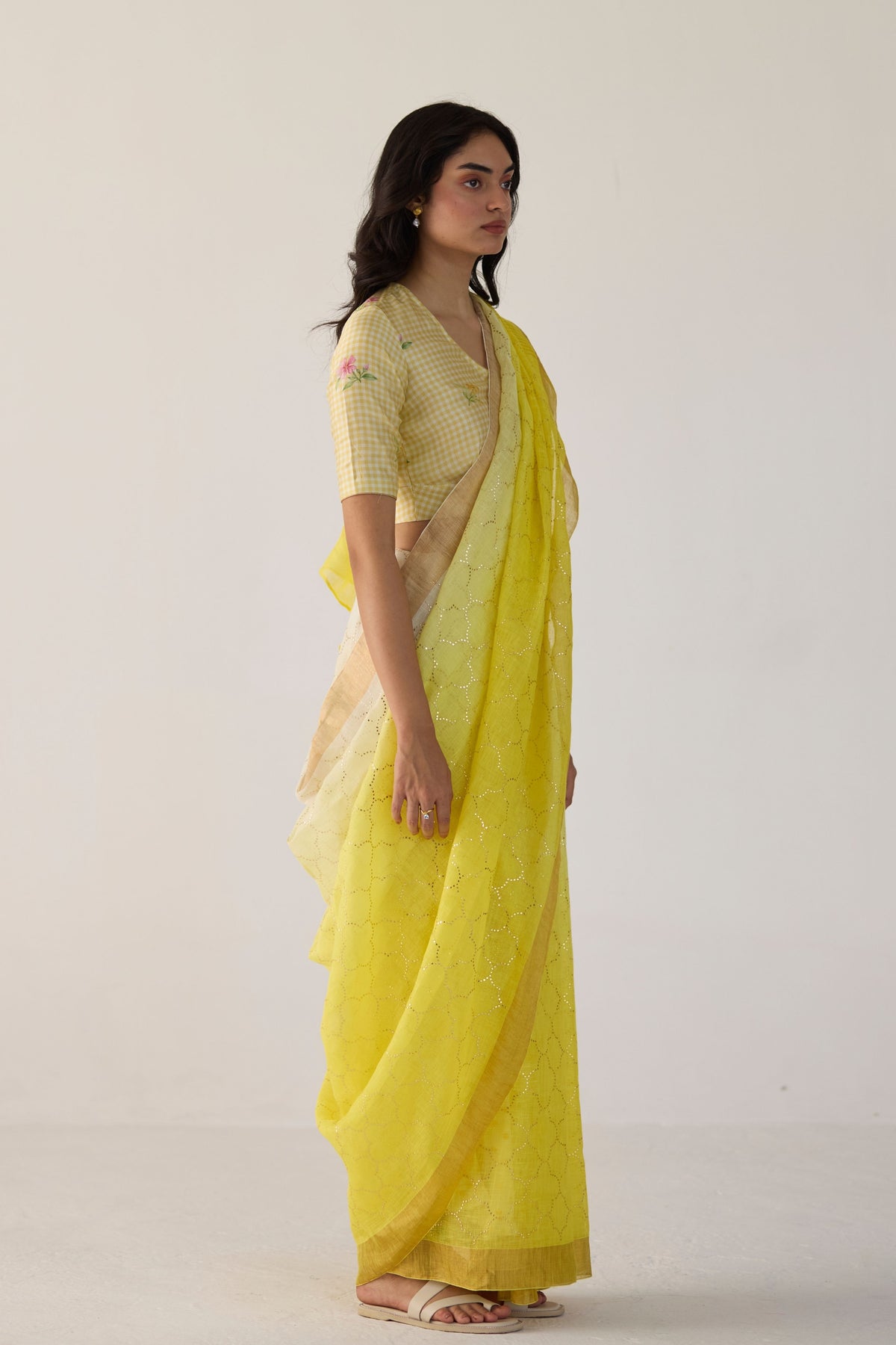 Yellow Ombre Sari With Gold Dot Print