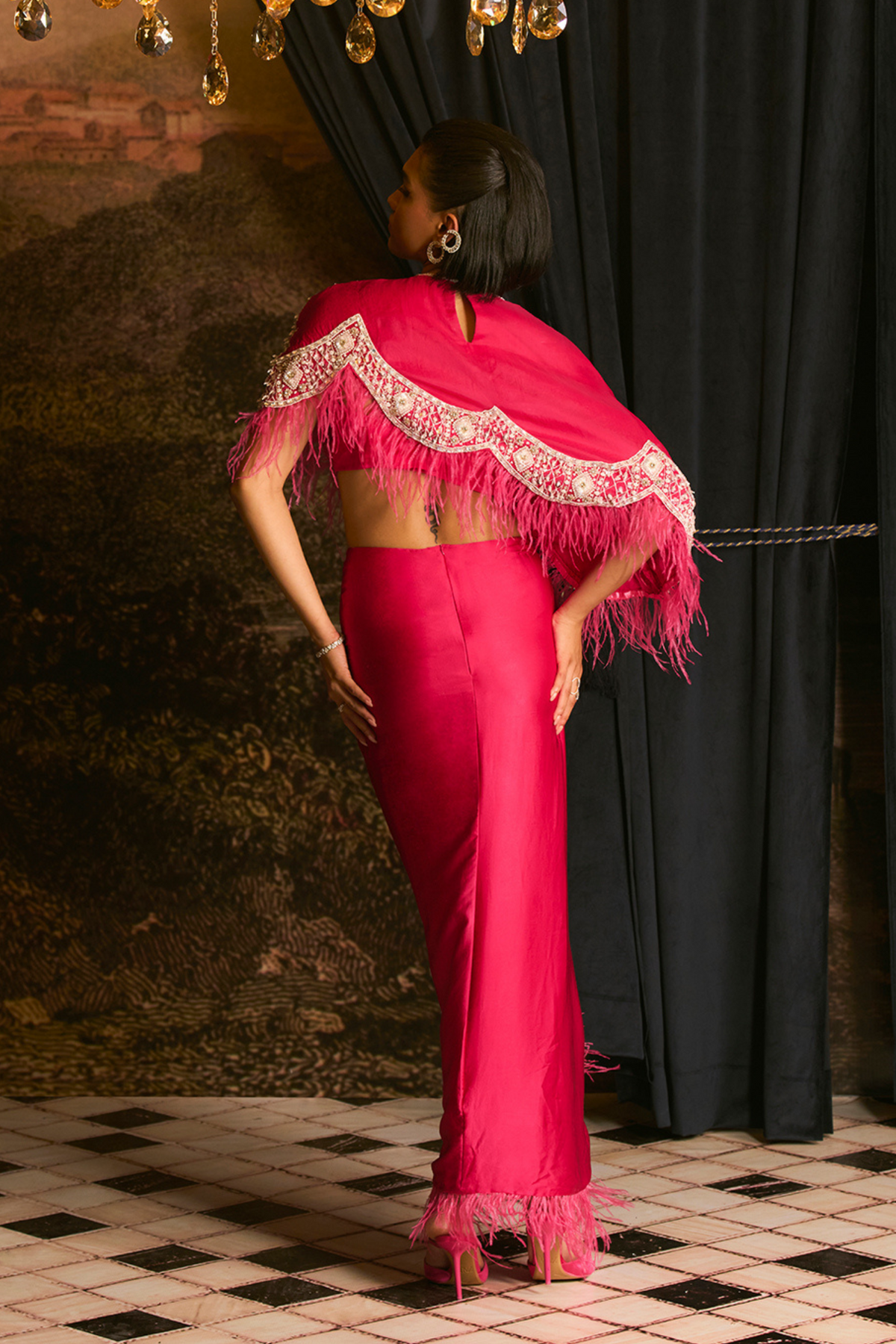 Fuschia Rose Feather Drape Skirt Set