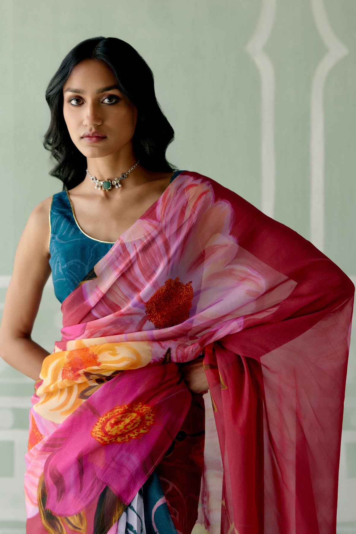 Teal &amp; Fuschia Floral Saree