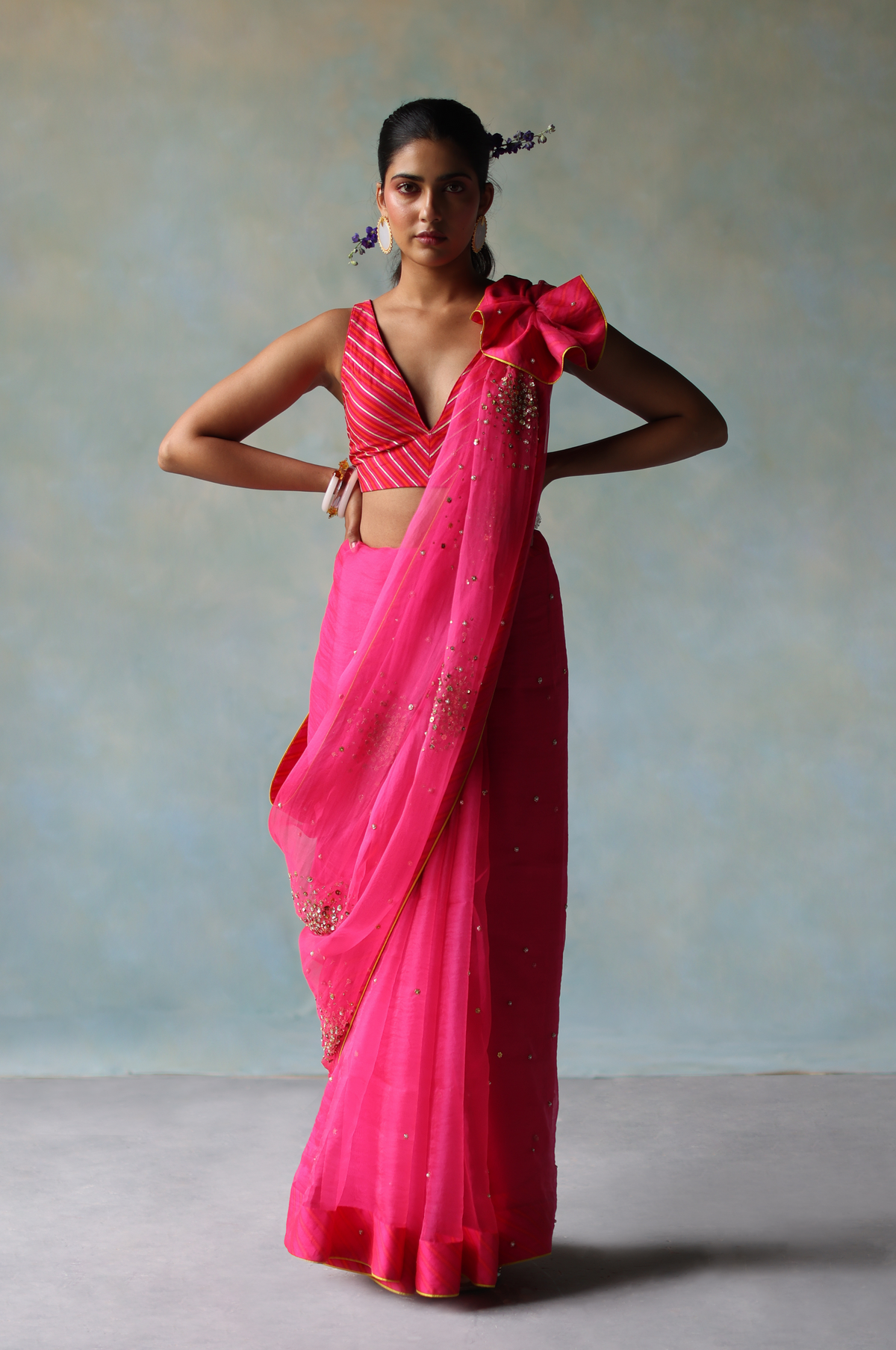 Gul Hot Pink Sequin Flower Sari