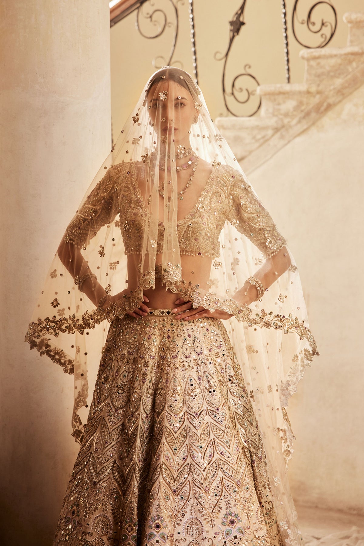 Champagne Rawsilk Mirror Lehenga Set