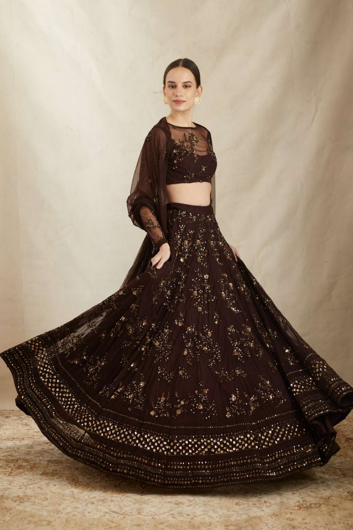 Dark Coffee Thread Work Lehenga Set