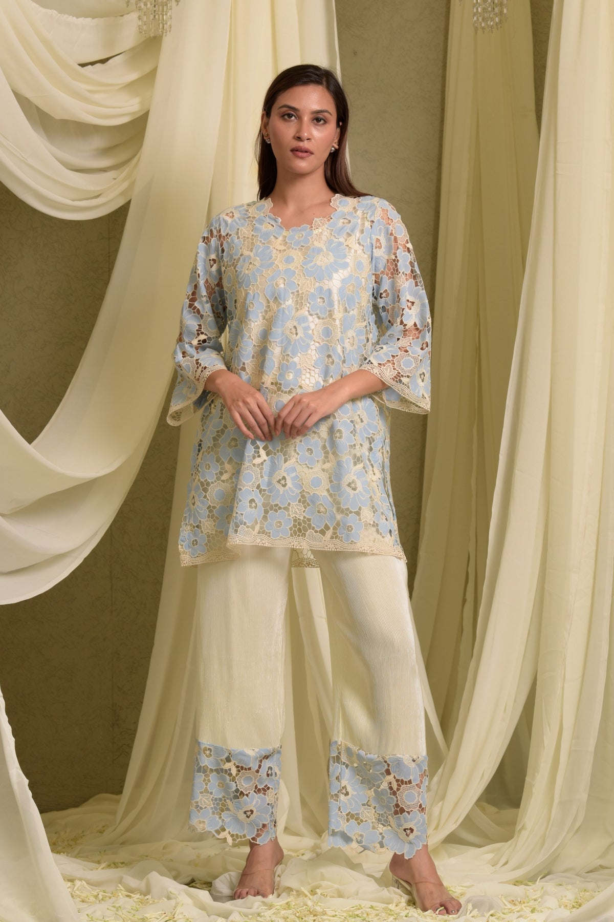 Myra Mesh Floral Blue Pastel Kurta Set