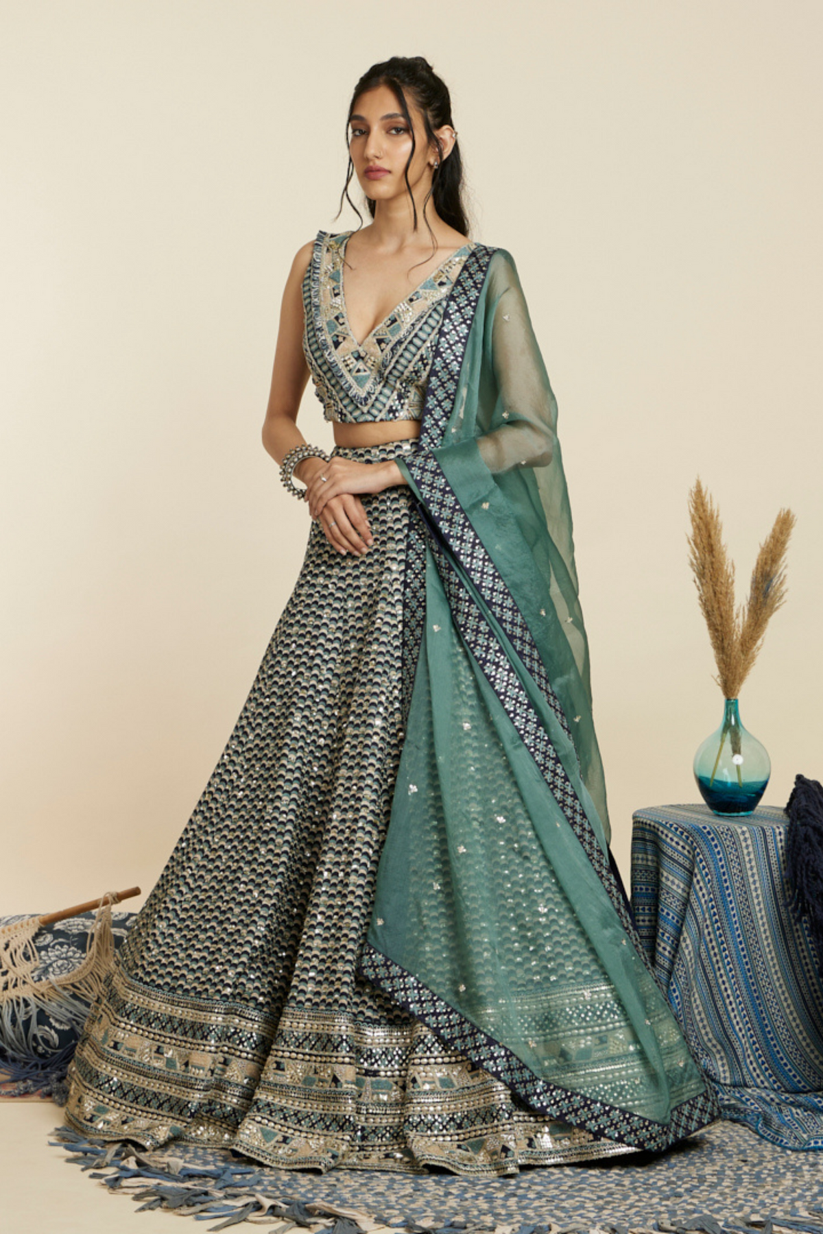 Blue Embellished Bridal Lehenga Set