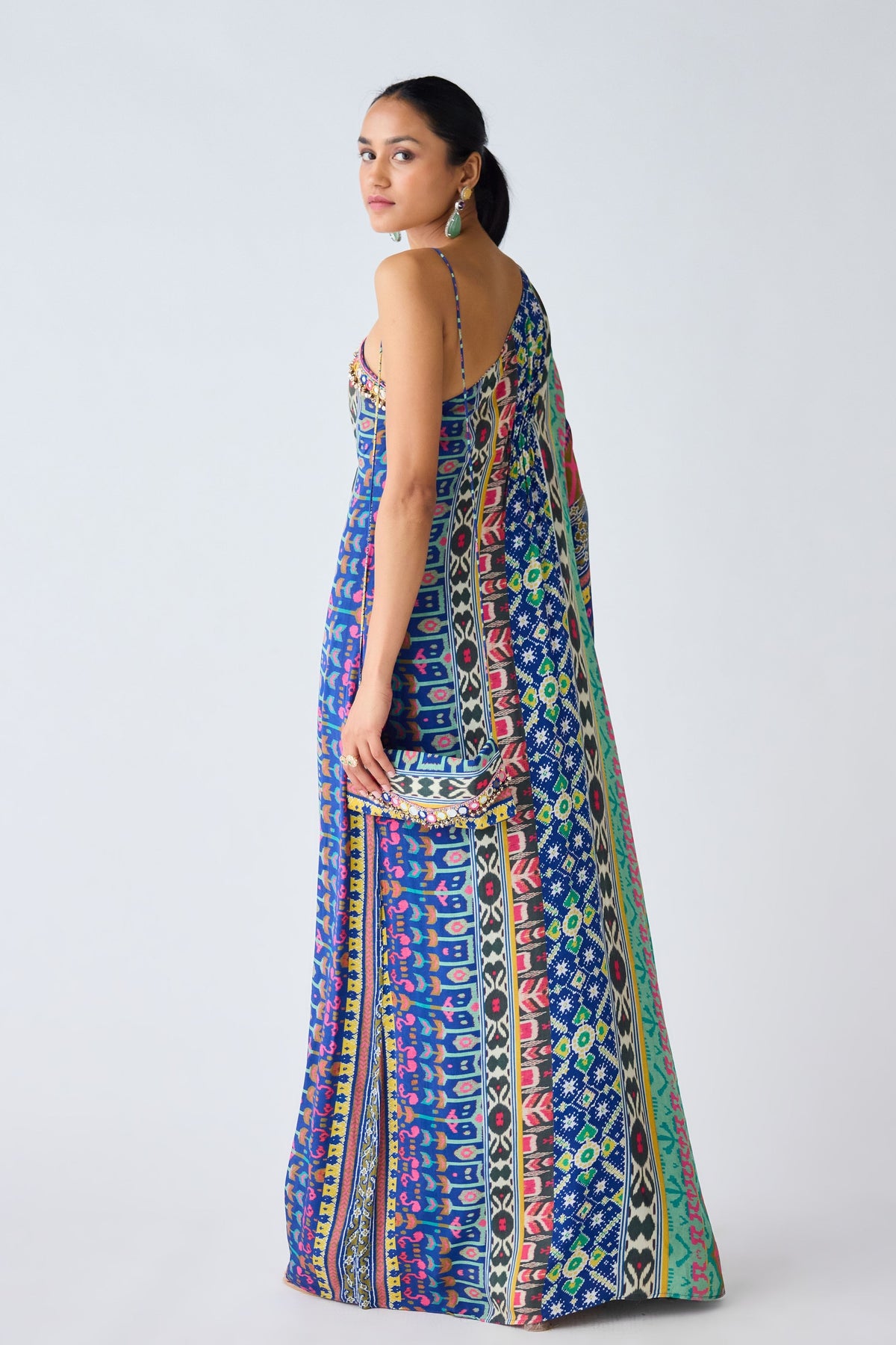 Blue Printed Asymmetric Neckline Dress