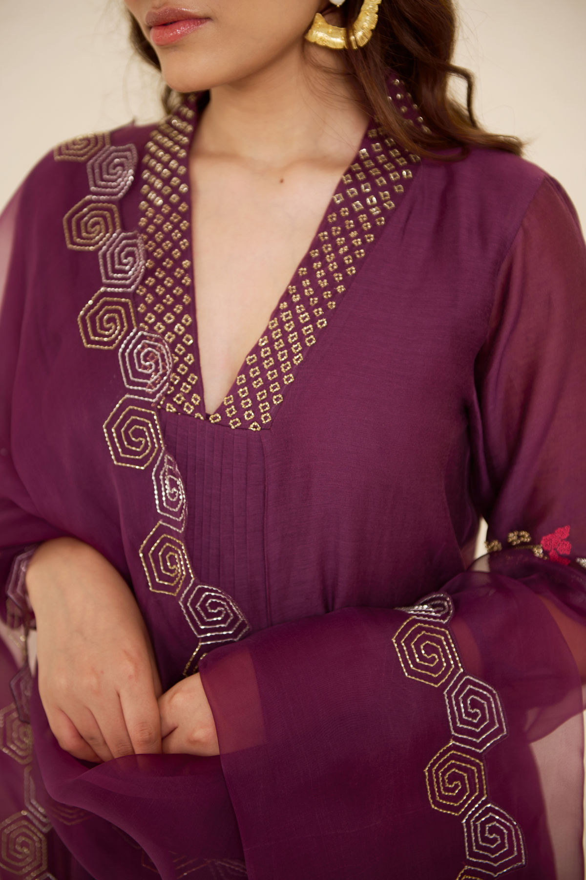 Purple Mauve V- Neck Kurta Set