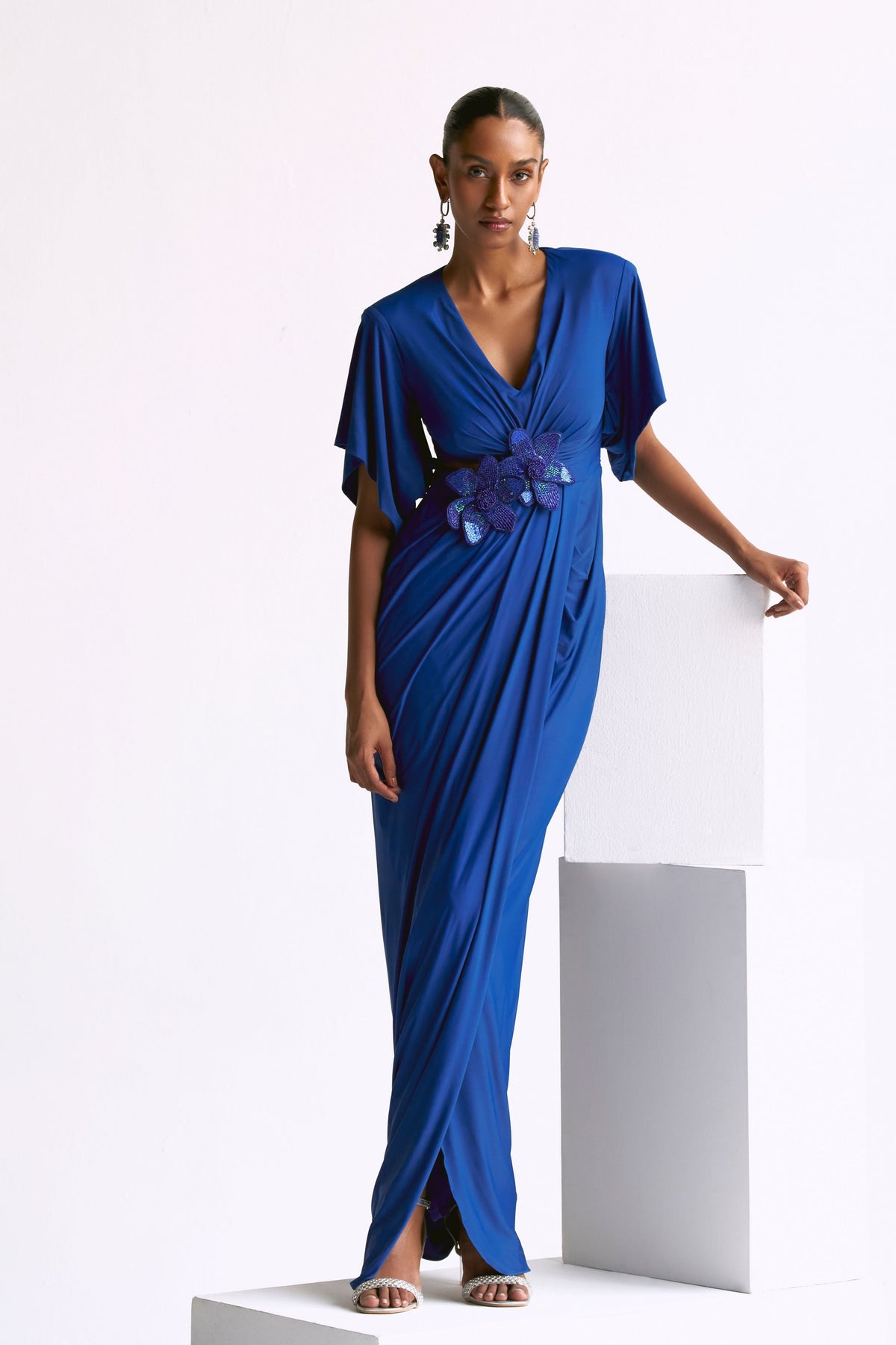 Draped Power Shoulder Gown