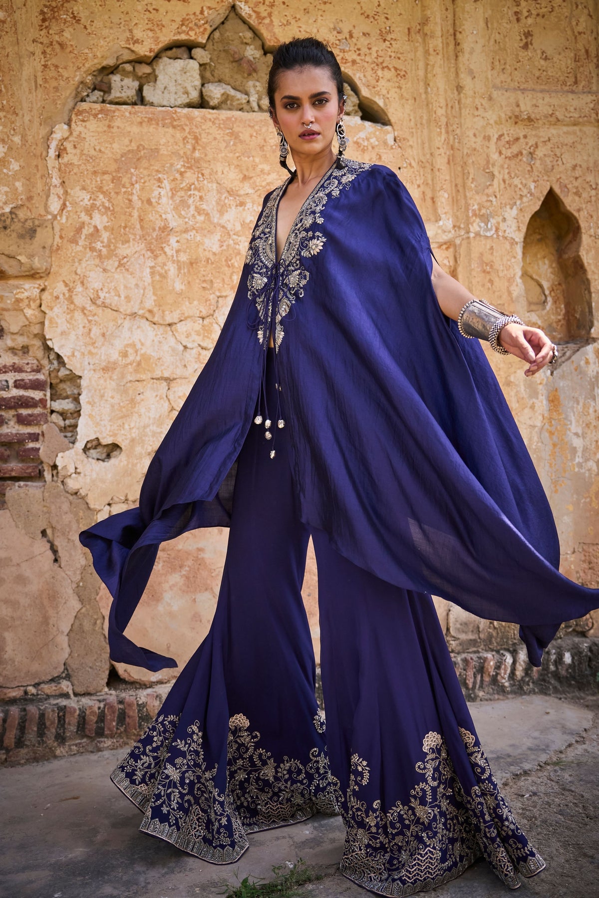 Embroidered Purple Sharara With Cape