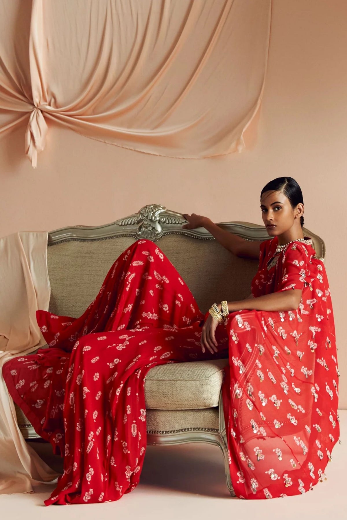 Scarlet Red Floret Lehenga  Cape Set