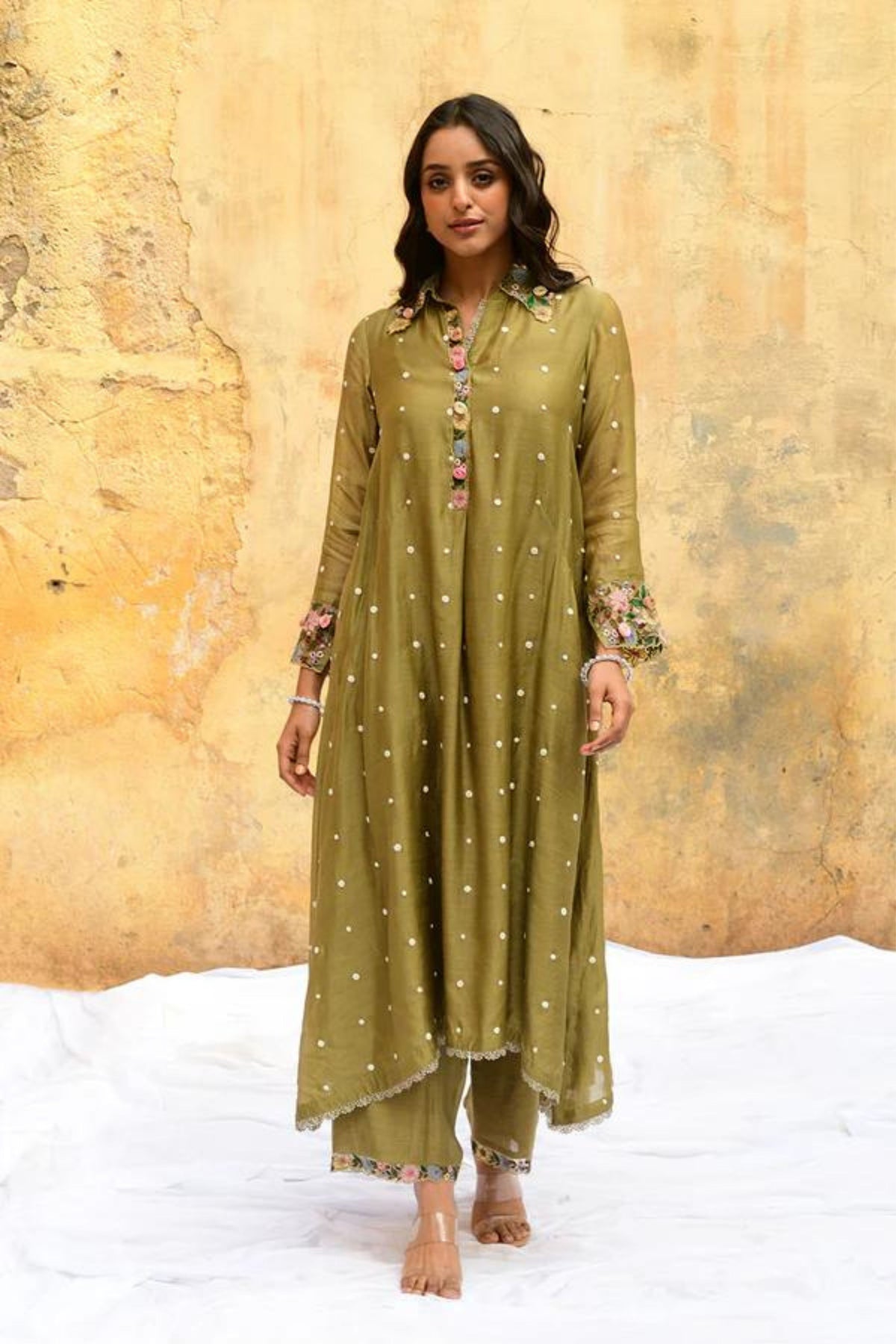 Olive Green Orchid Collar Kurta Set