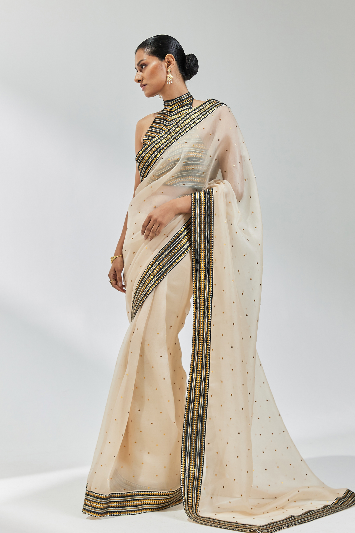 Beige And Black Embroidered Saree Set