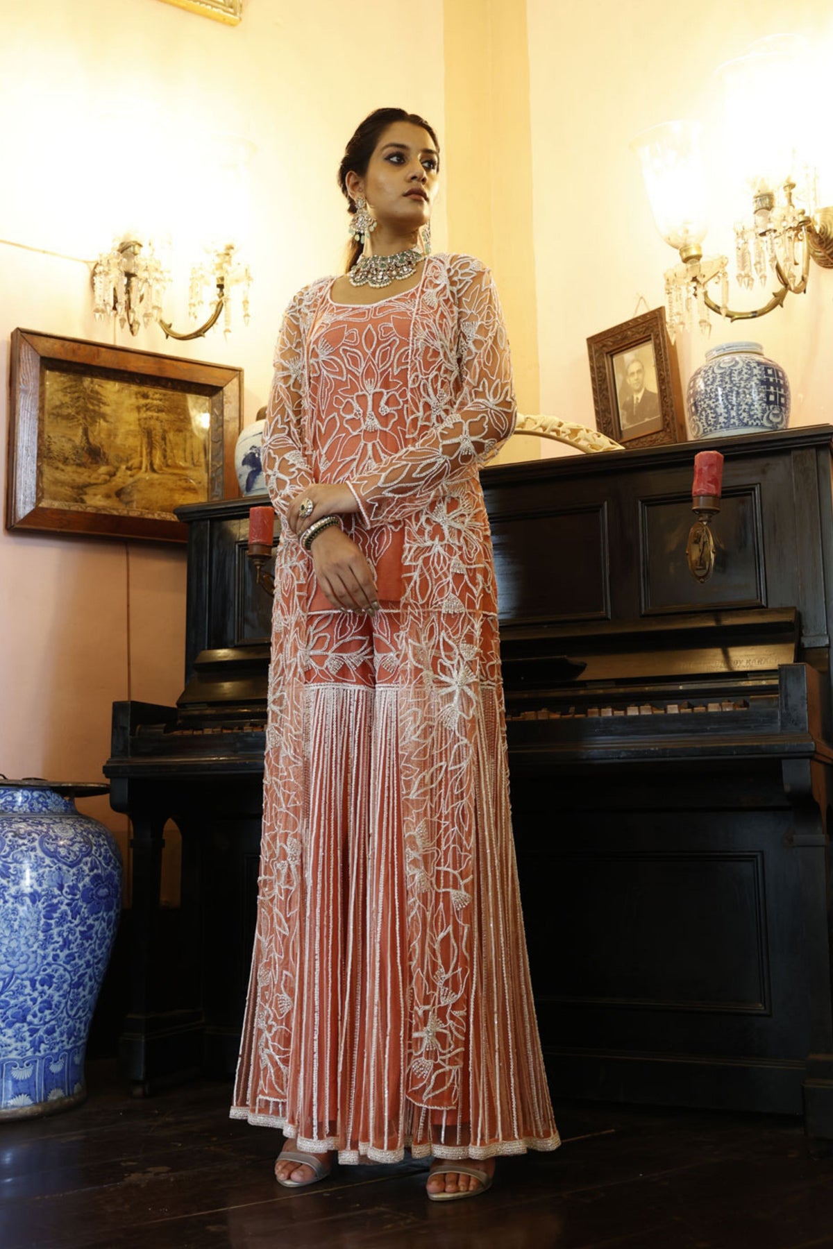 Peach Kurta, Sharara and Cape