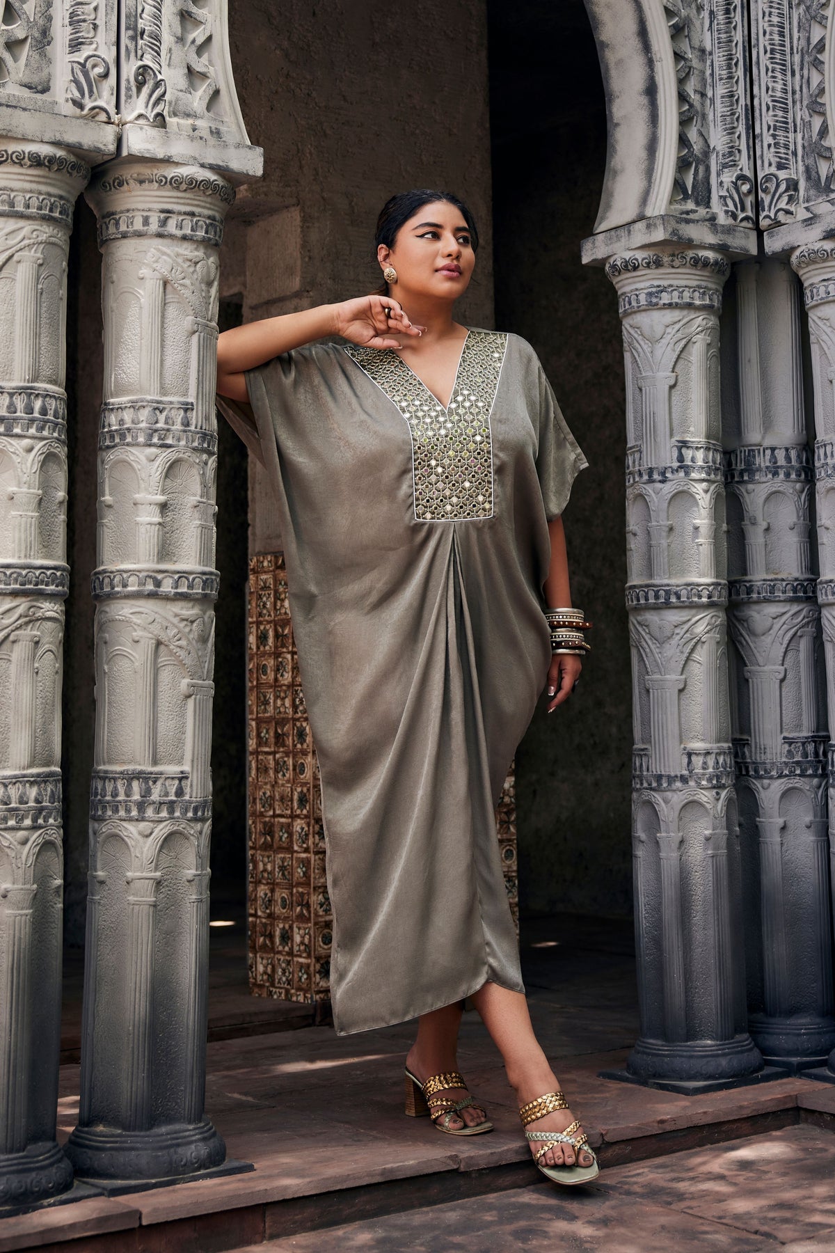 Moss Green Mirror Work Kaftan Dress