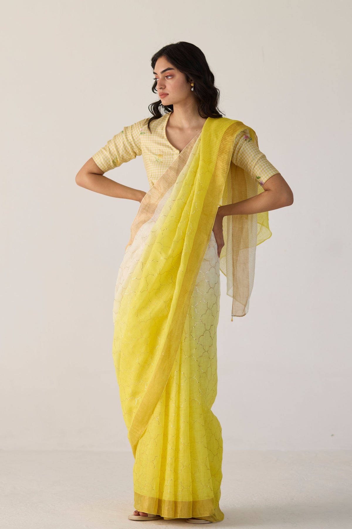 Yellow Ombre Sari With Gold Dot Print