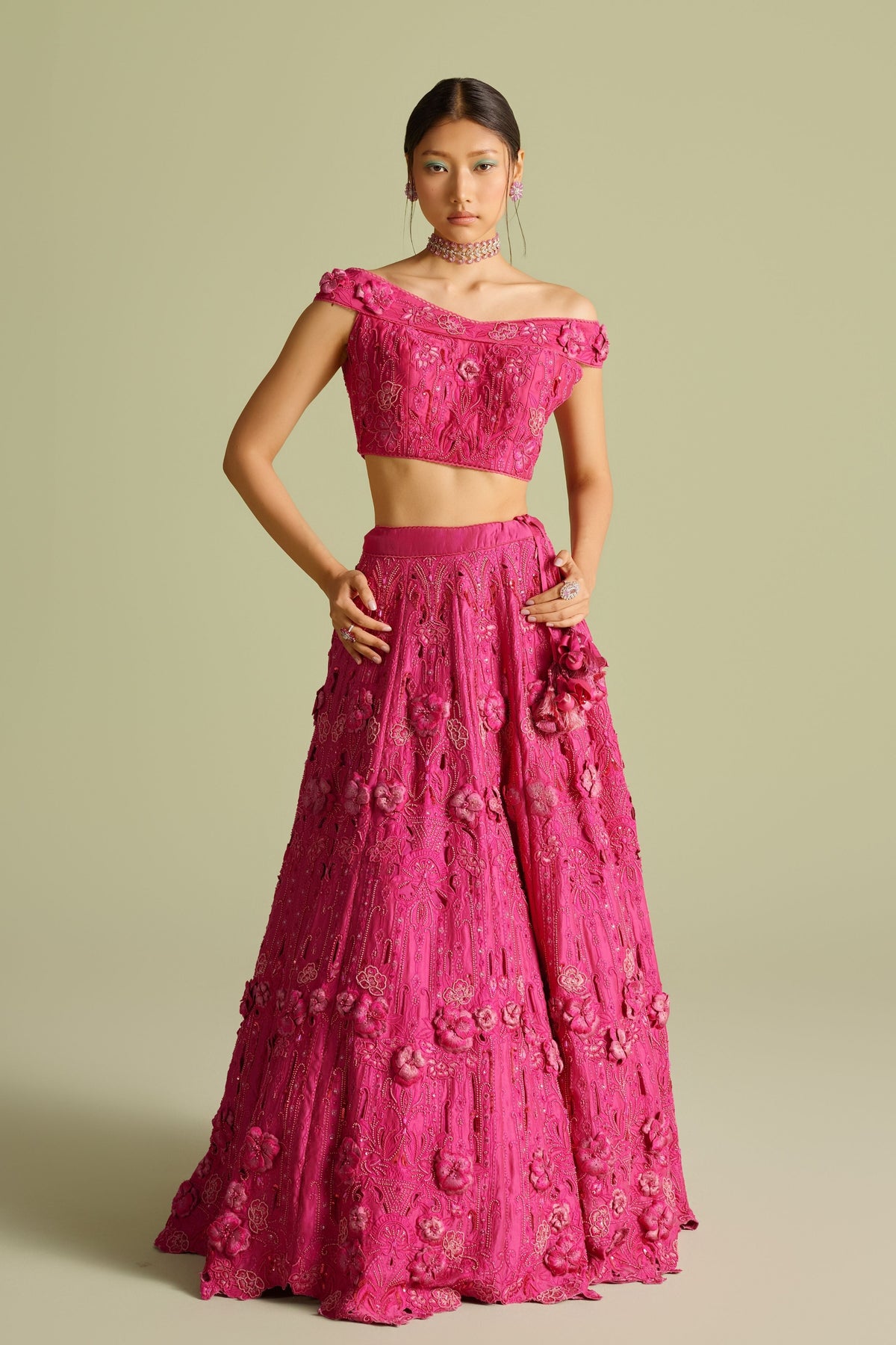 Pink 3d Applique Lehenga