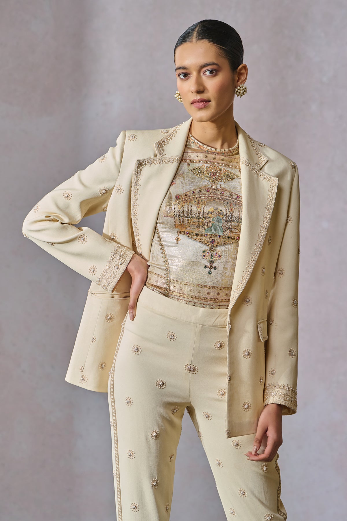 Ecru Hand Embroidered Jacket With Trousers