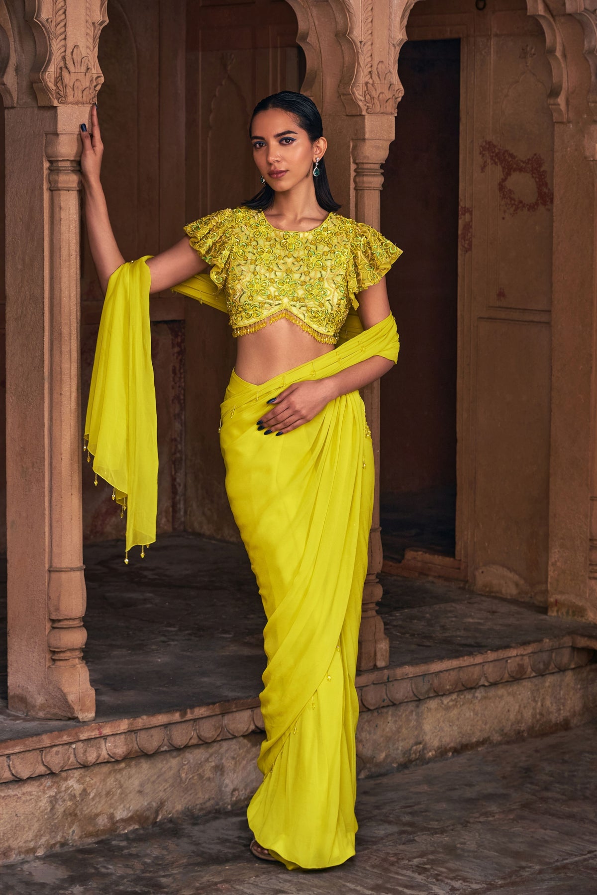 Yellow Embroidered Saree Set