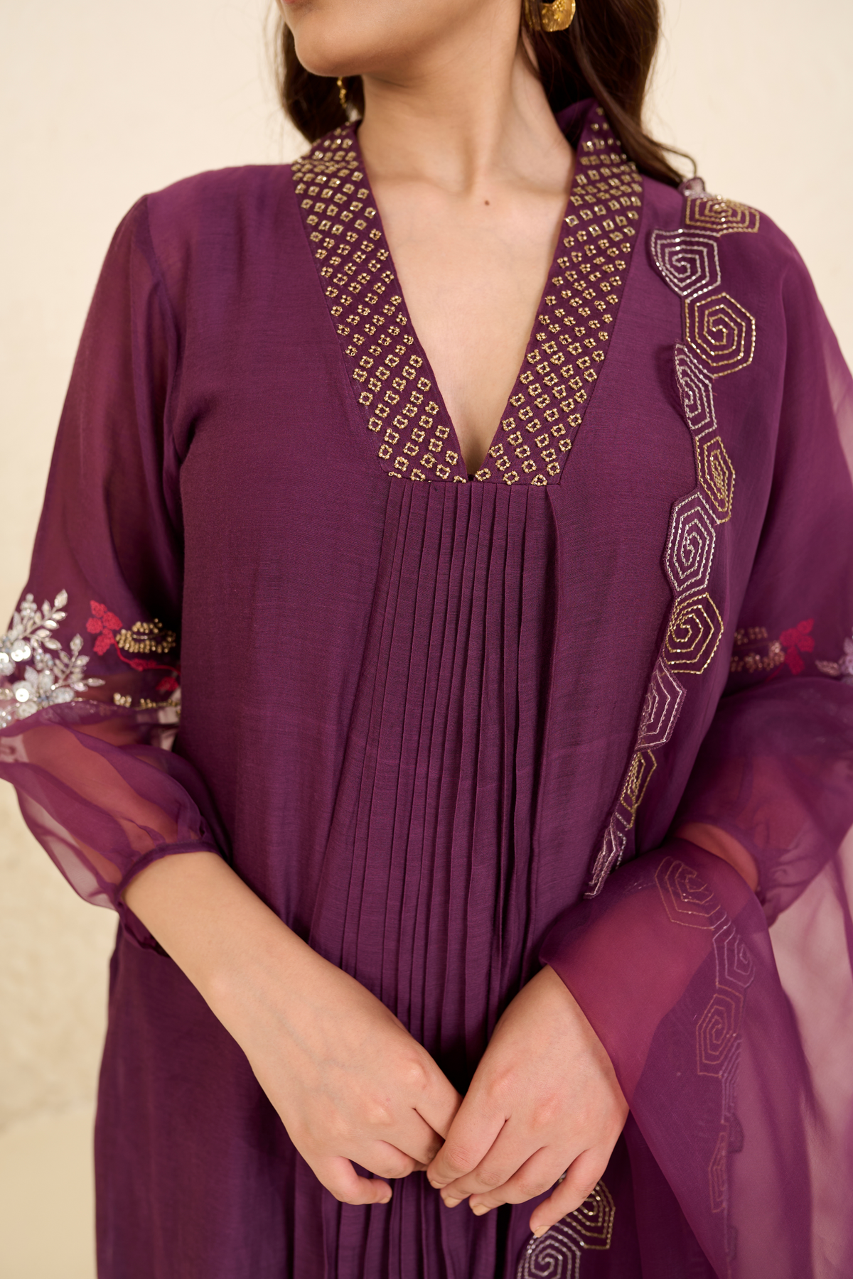 Purple Mauve V- Neck Kurta Set