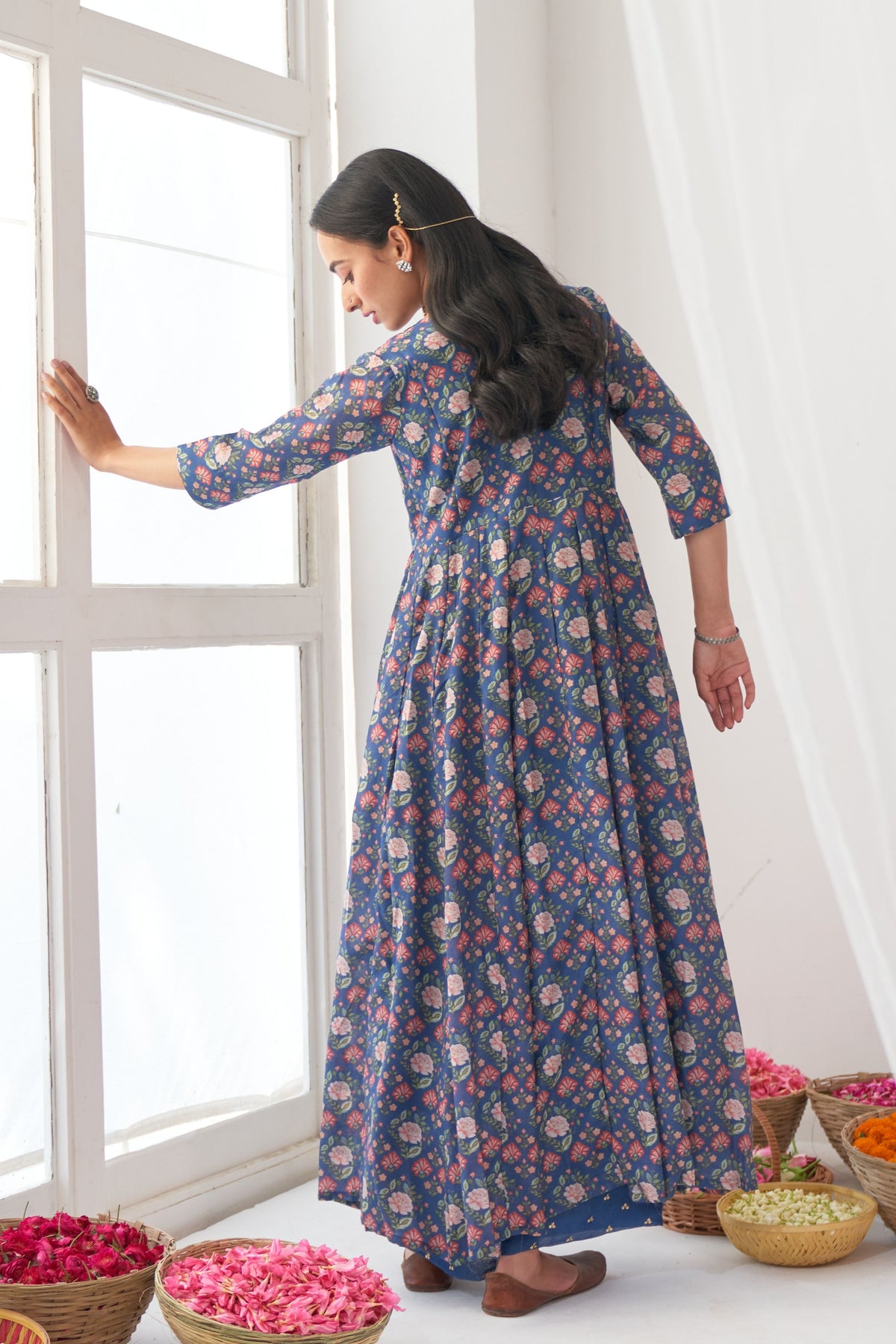 Blue Peony Embroidered Anarkali Palazzo