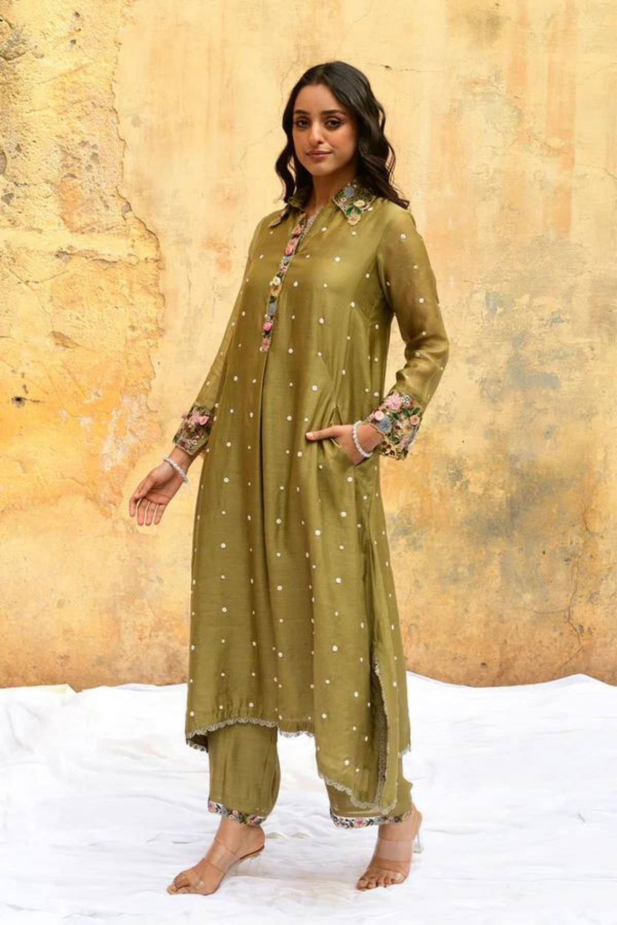 Olive Green Orchid Collar Kurta Set