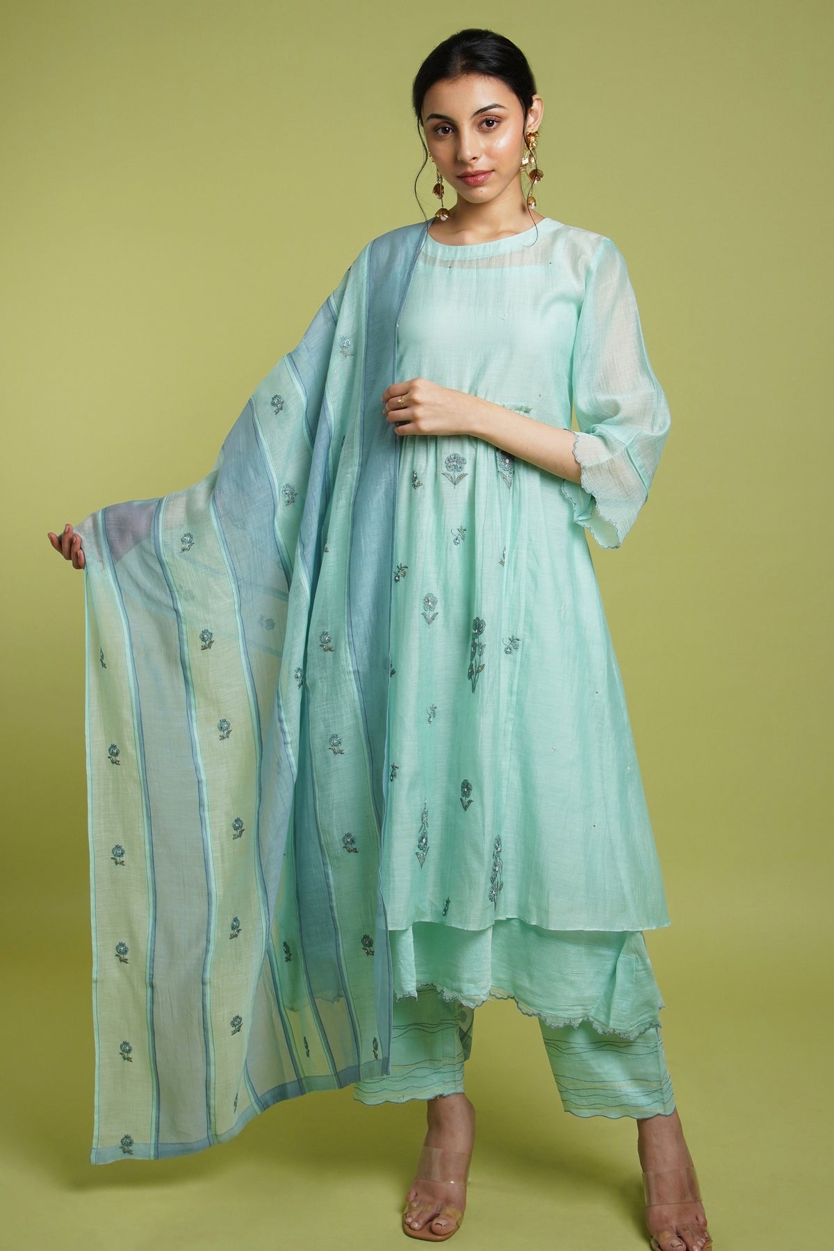 Firozi Mul Chanderi Kurta Set