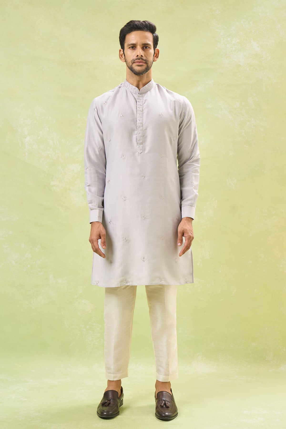 Grey Embroidered Nehru Jacket Set