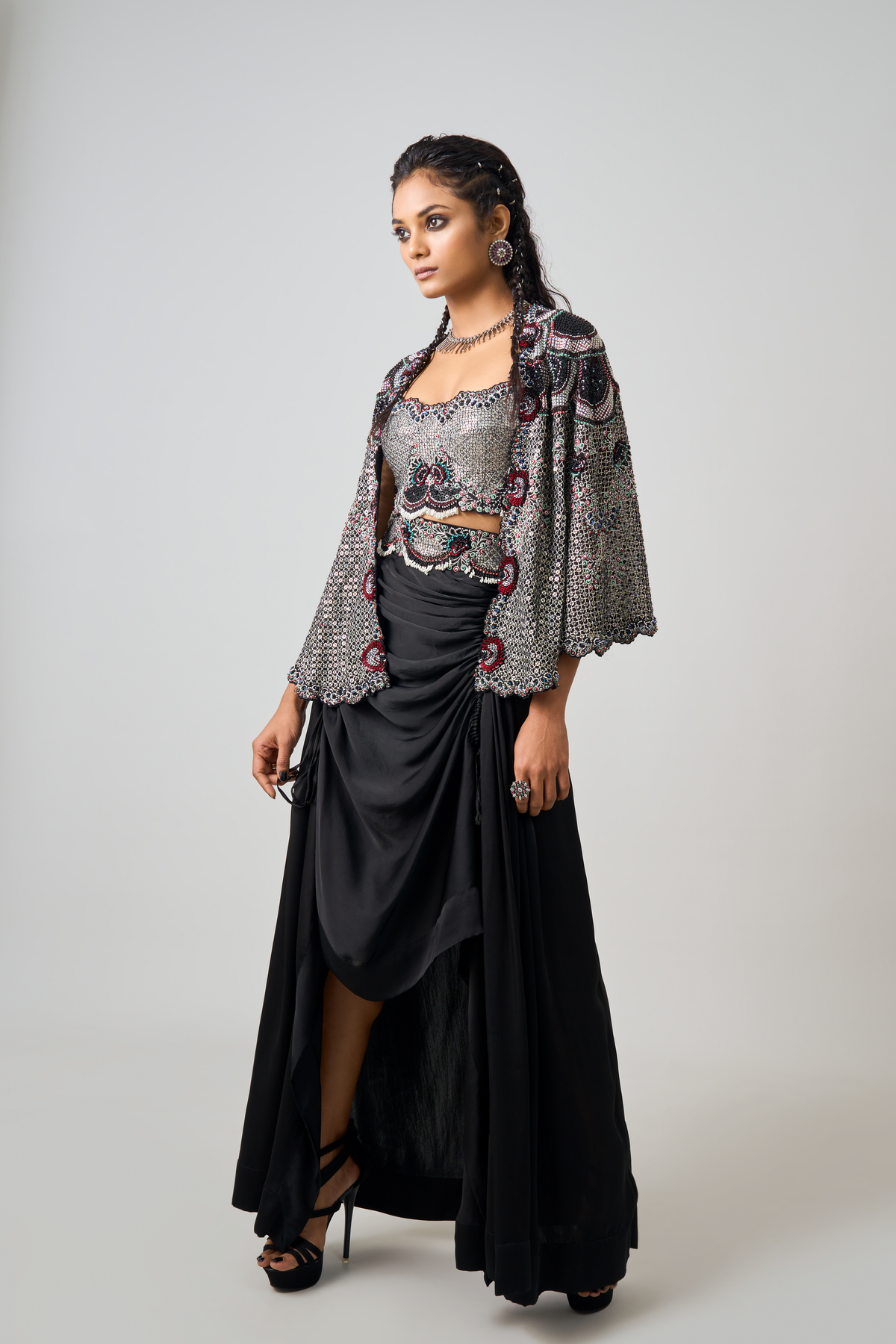 Embroidered Cape Set in Black