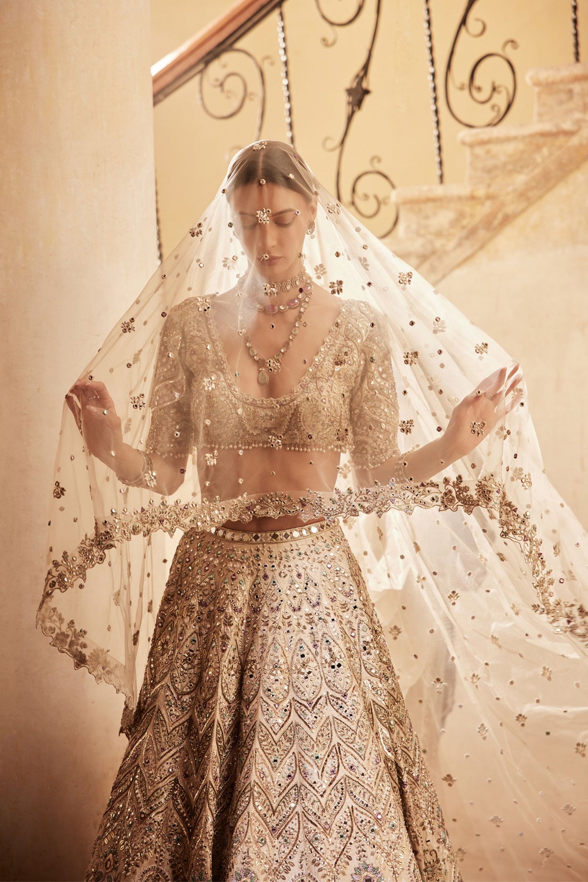 Champagne Rawsilk Mirror Lehenga Set