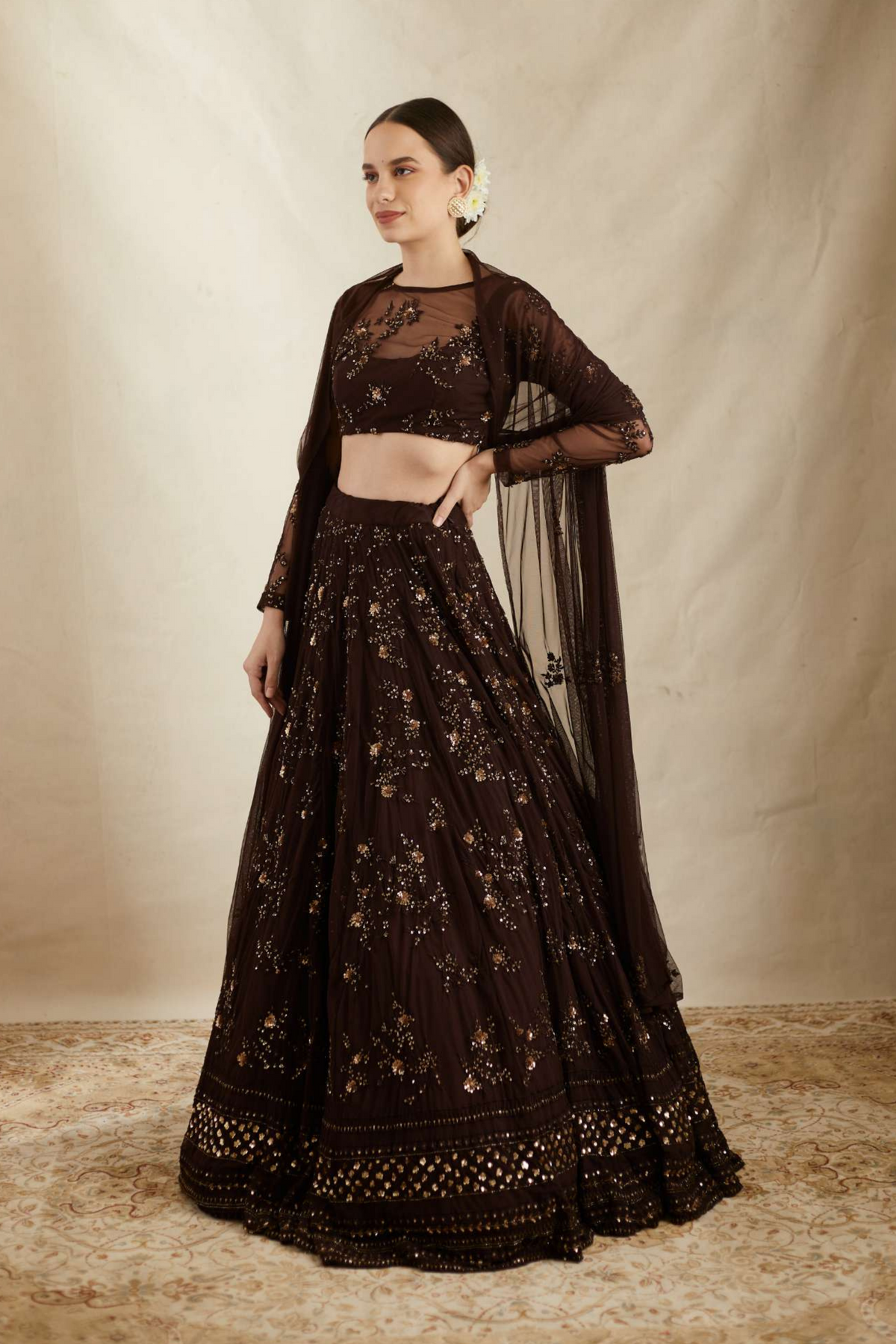 Dark Coffee Thread Work Lehenga Set