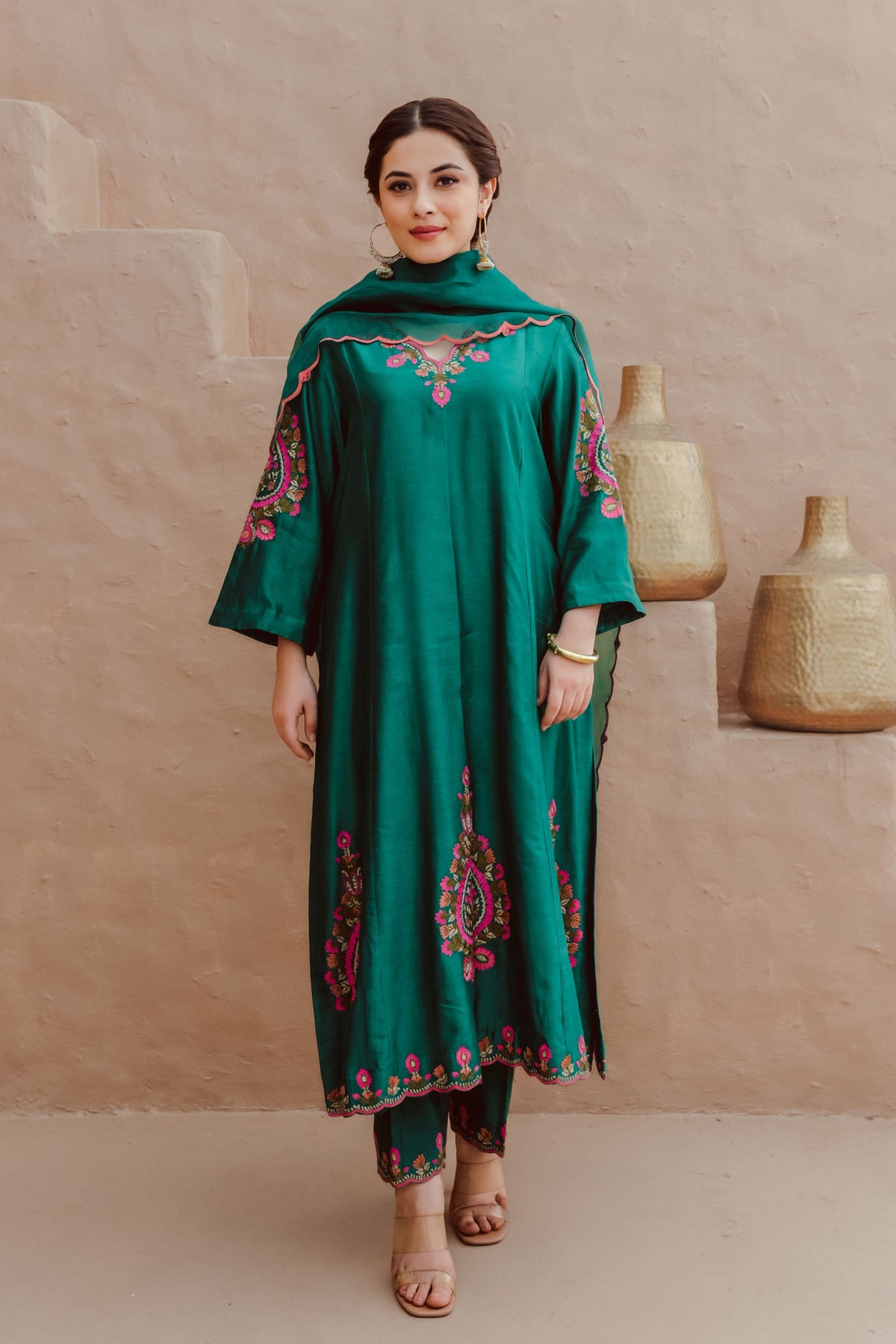 Bottle Green Embroidery Kurta Set