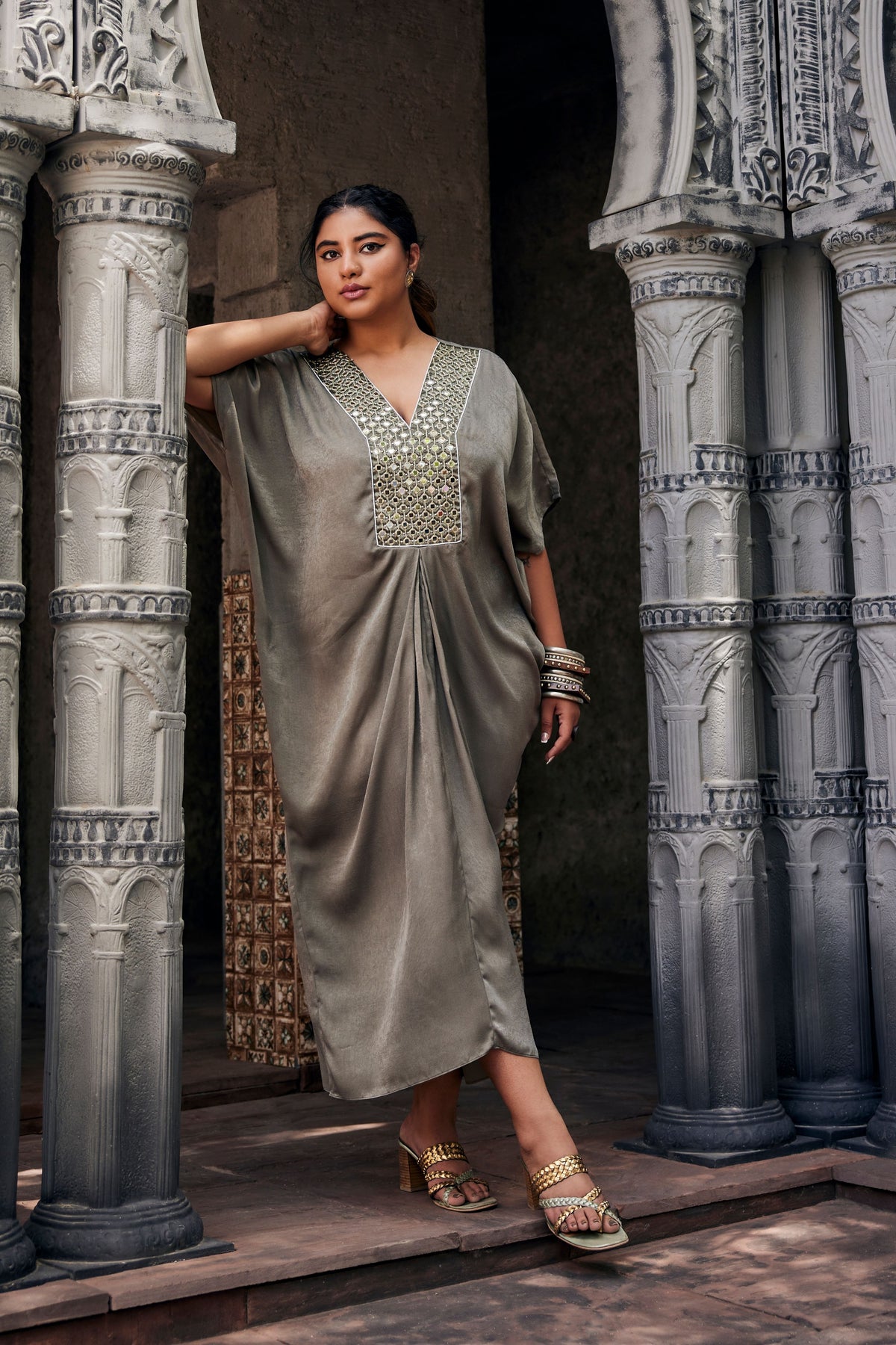 Moss Green Mirror Work Kaftan Dress