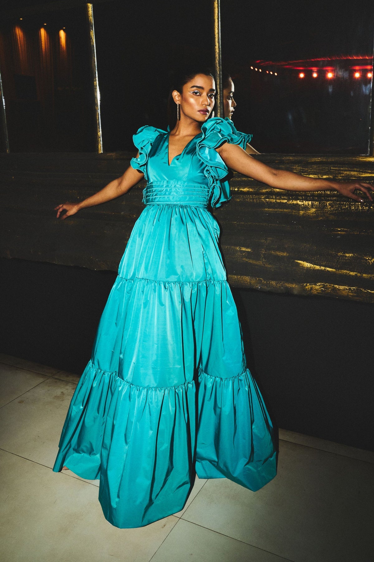 Sapphire Blue Ruffled Tiered Gown