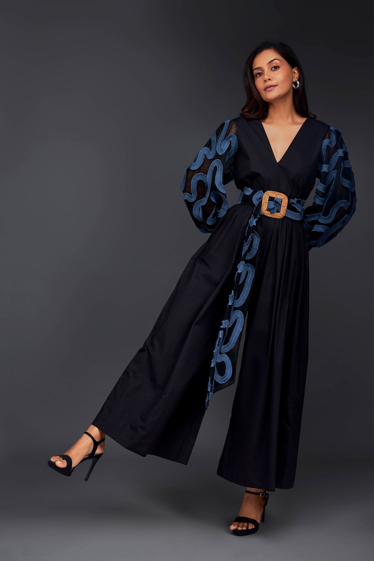 Blue &amp; Black V Neck Jumpsuit