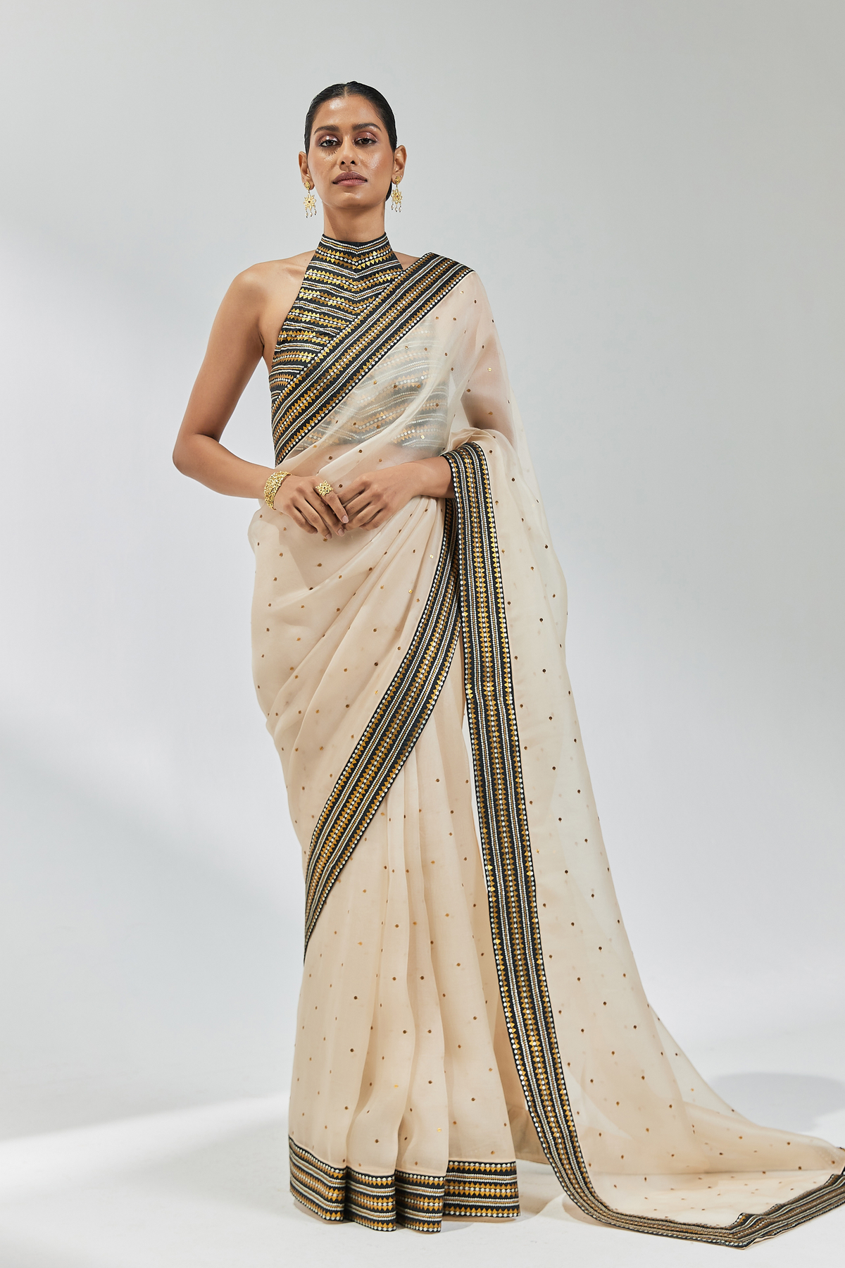 Beige And Black Embroidered Saree Set