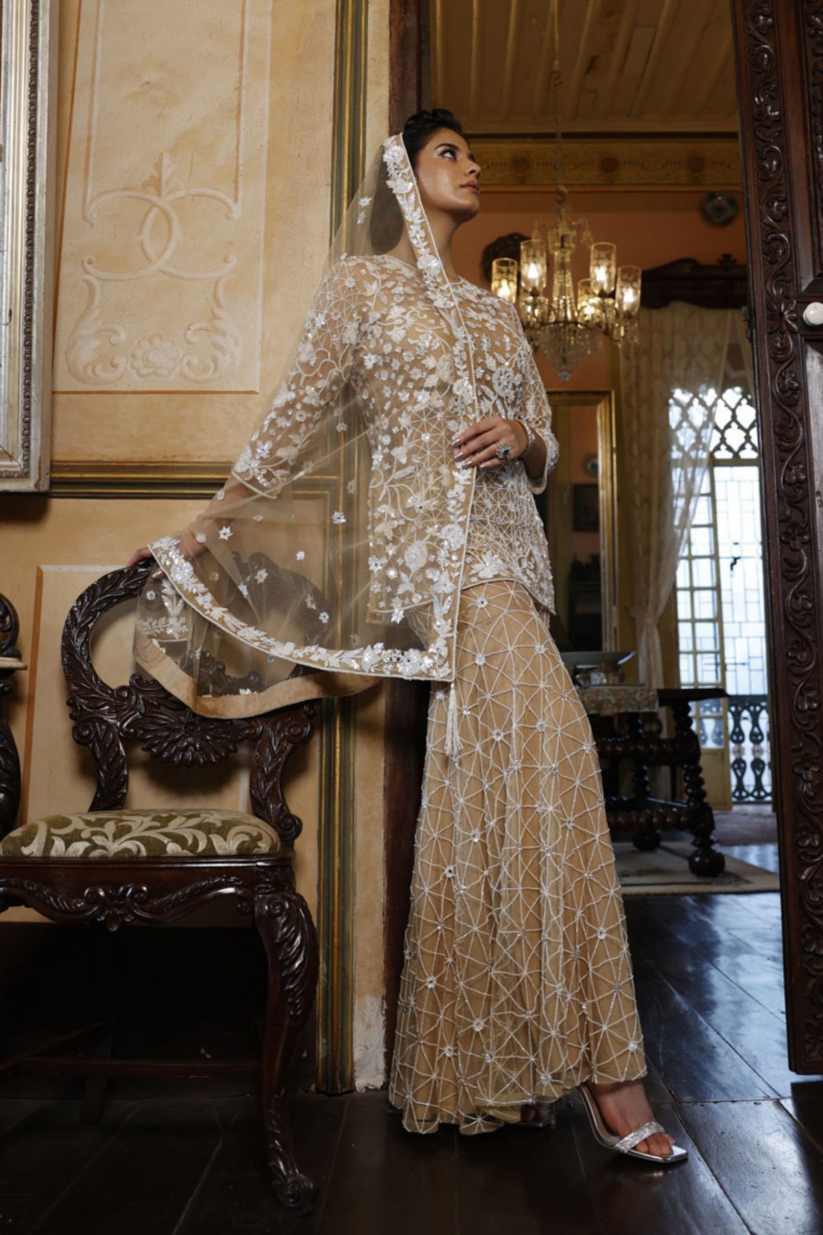 Nude Sharara with Kurta,Bustier and Dupatta