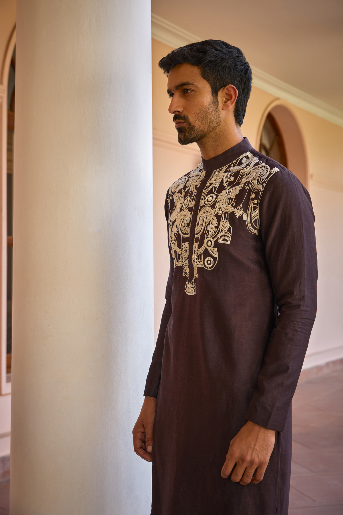 Brown dori and hand embroidered silk kurta