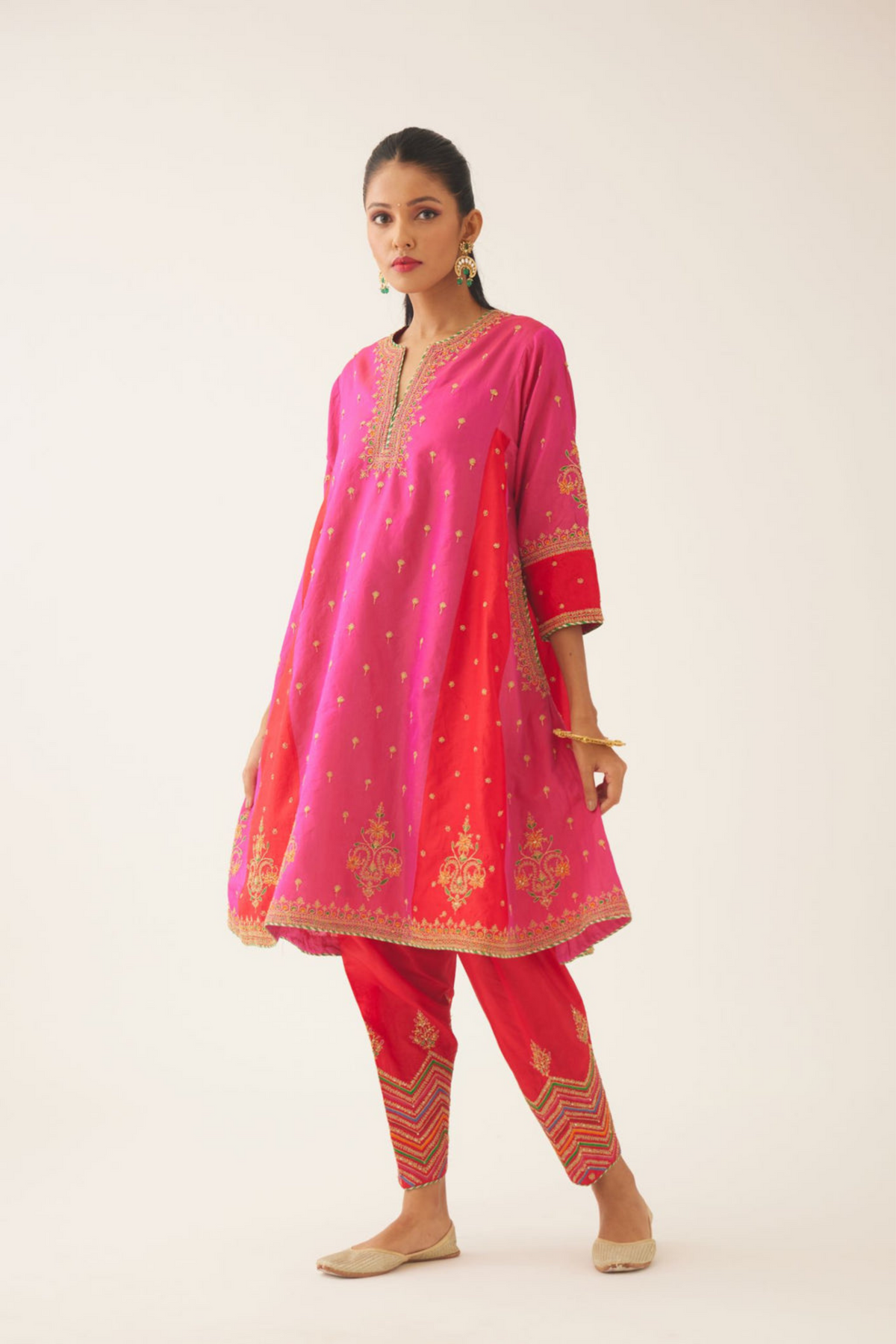 Red &amp; Fuchsia Silk Kalidar Kurta Set