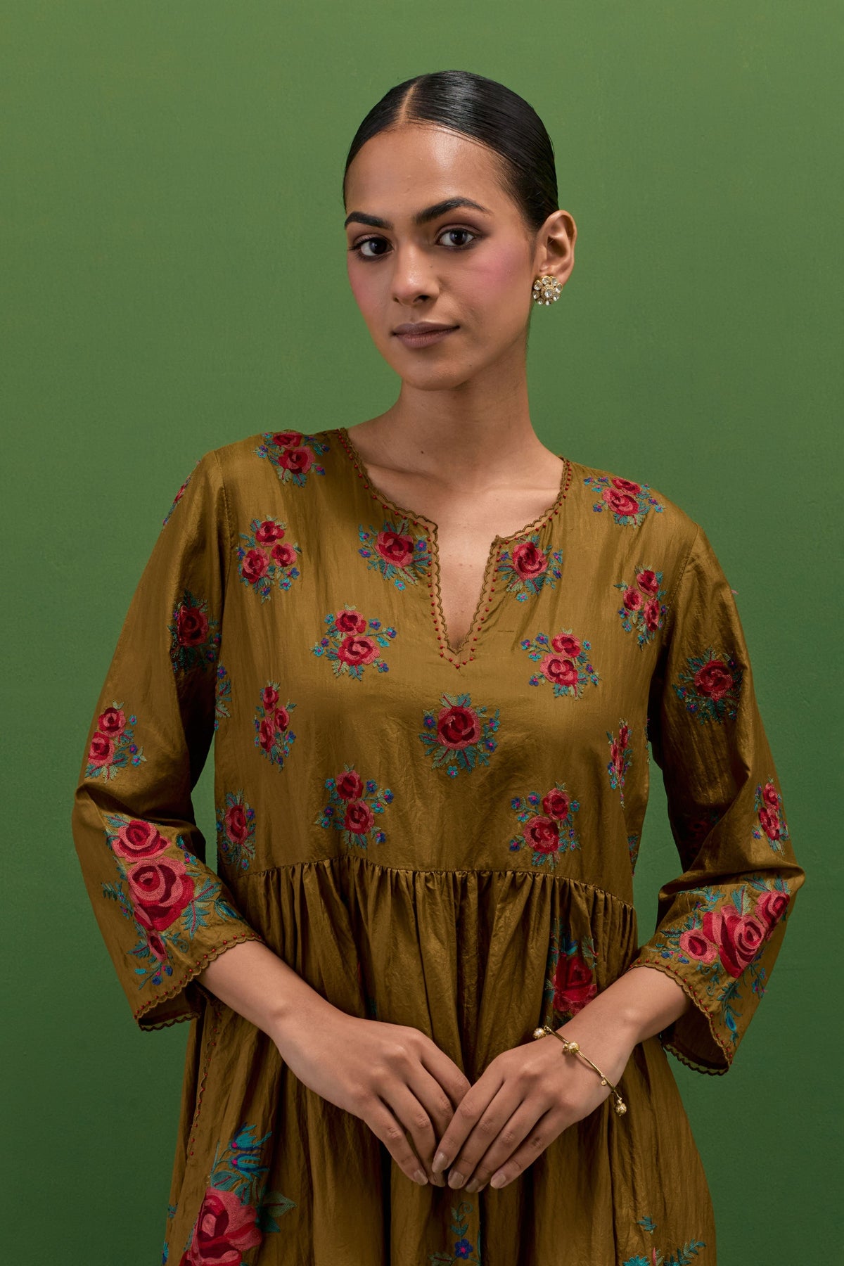 Golden Olive Floral Kurta Set