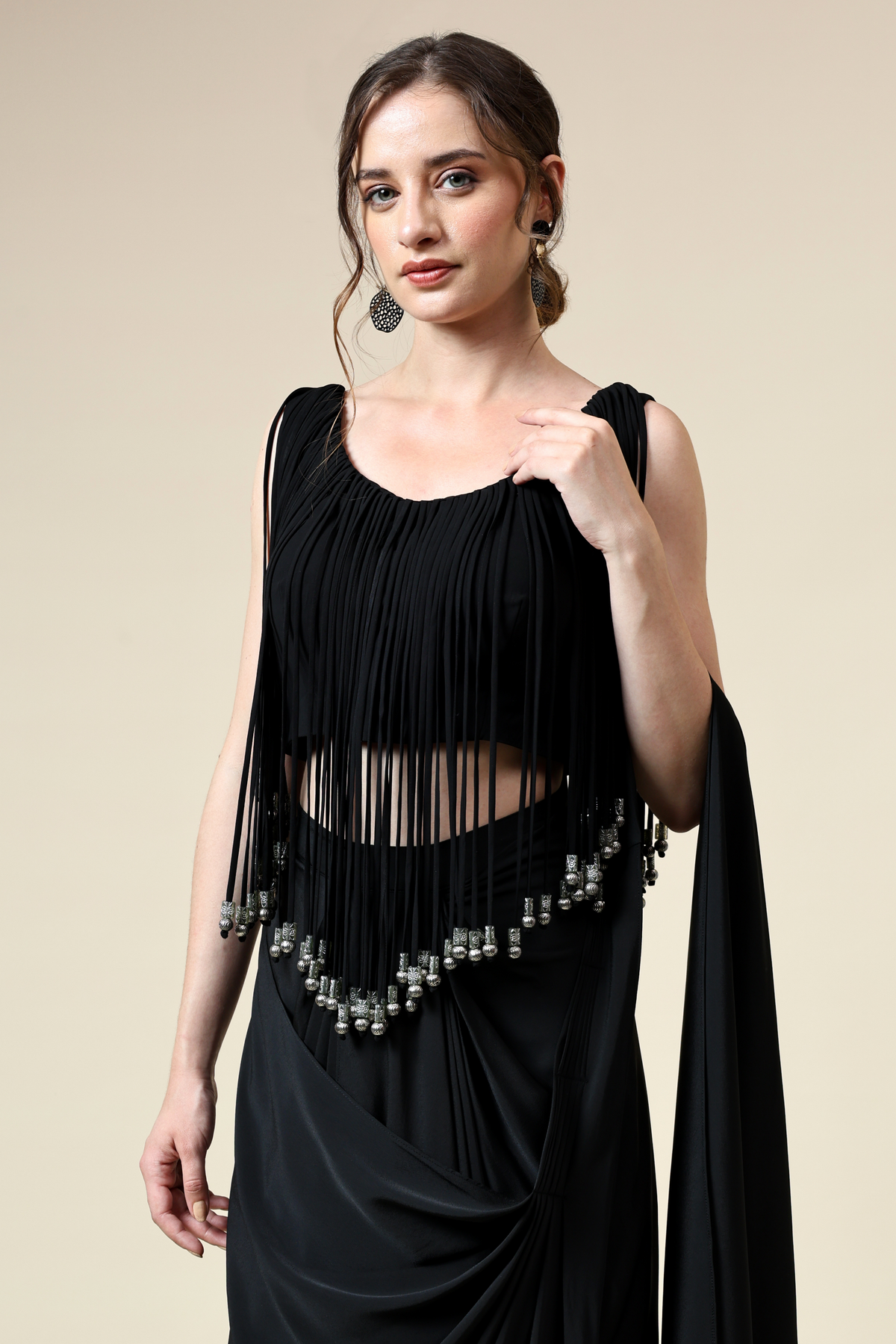 Fringe Blouse With Draped Sari