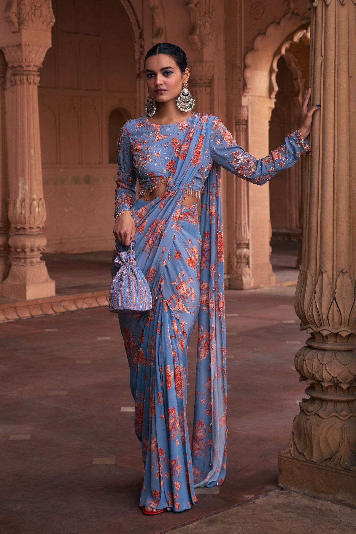 Slate Blue Floral Draped Saree Set