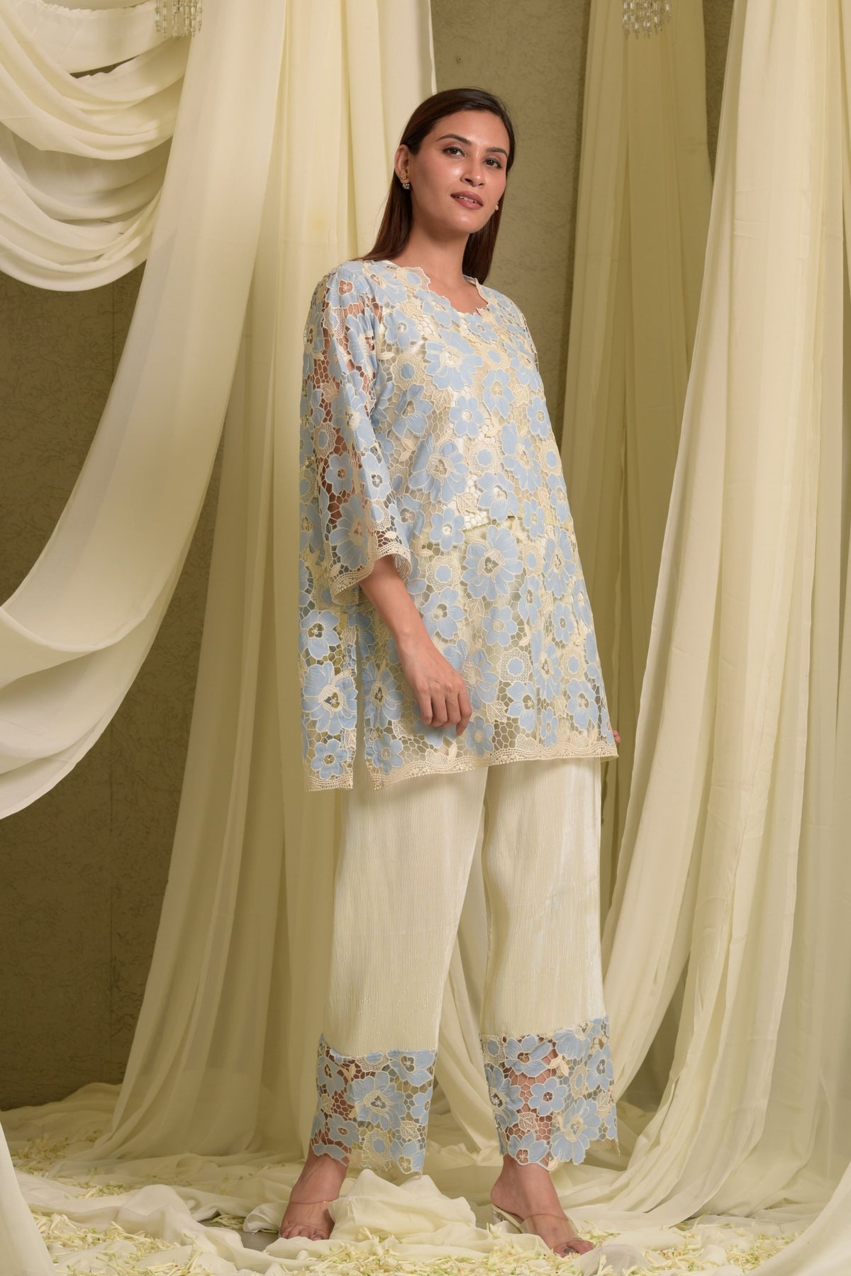 Myra Mesh Floral Blue Pastel Kurta Set